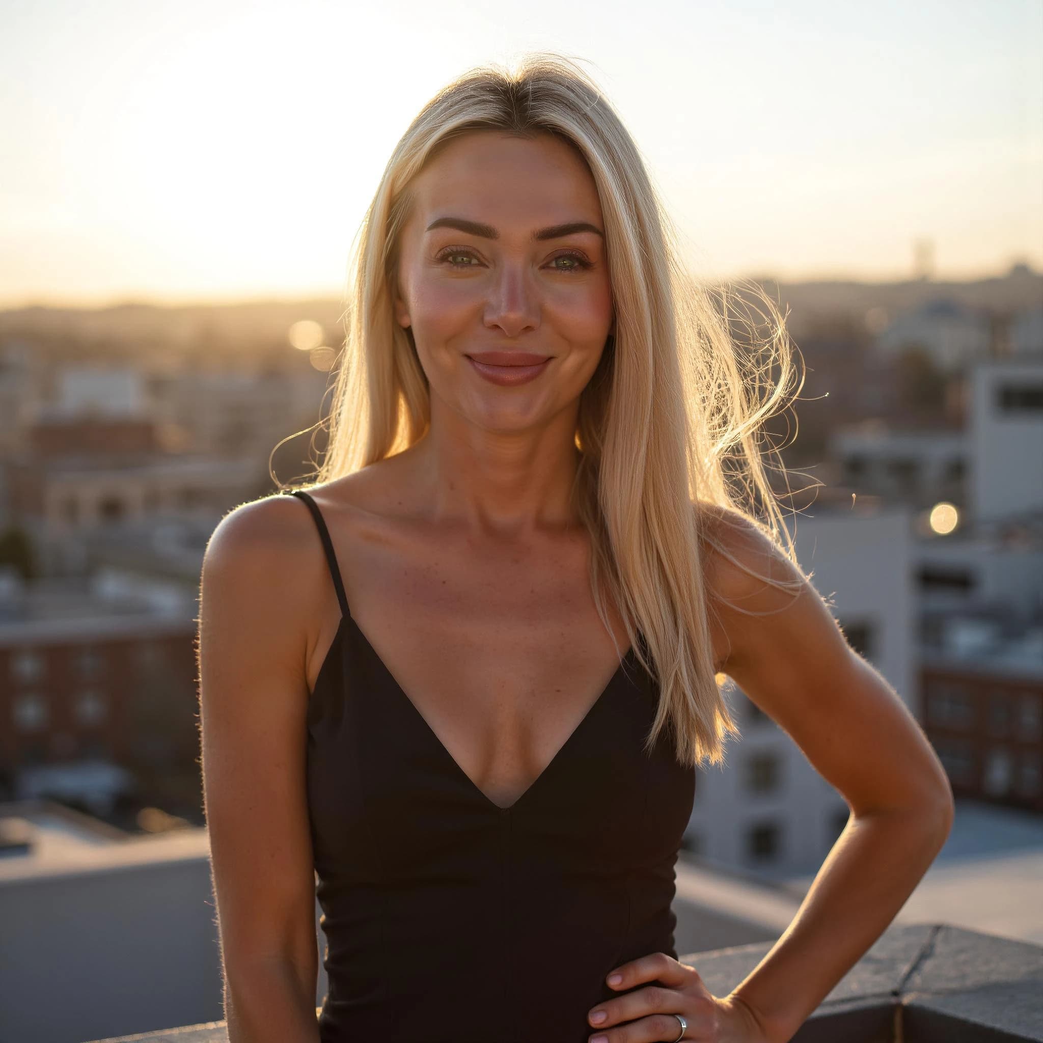 Professional headshot example: Woman Rooftop Black Dress Smiling 5 — LinkedInHeadshots.ai