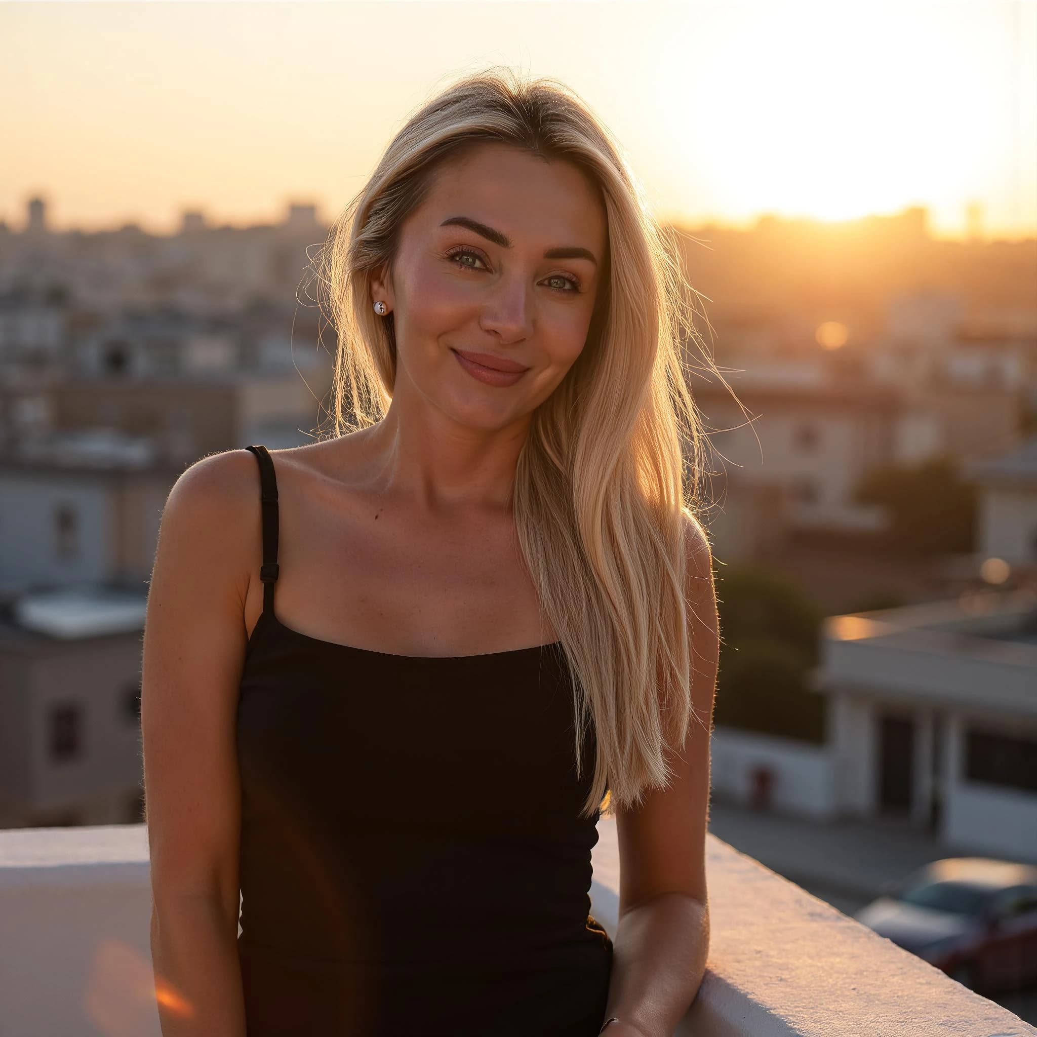 Professional headshot example: Woman Rooftop Black Dress Smiling 6 — LinkedInHeadshots.ai