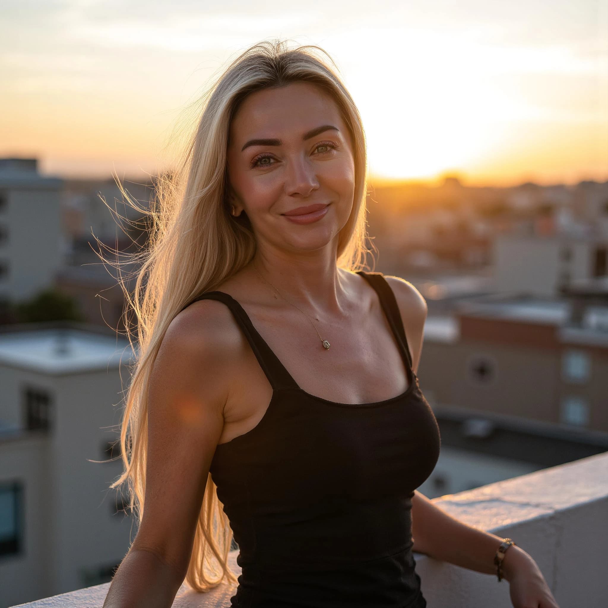 Professional headshot example: Woman Rooftop Black Tank Smiling — LinkedInHeadshots.ai