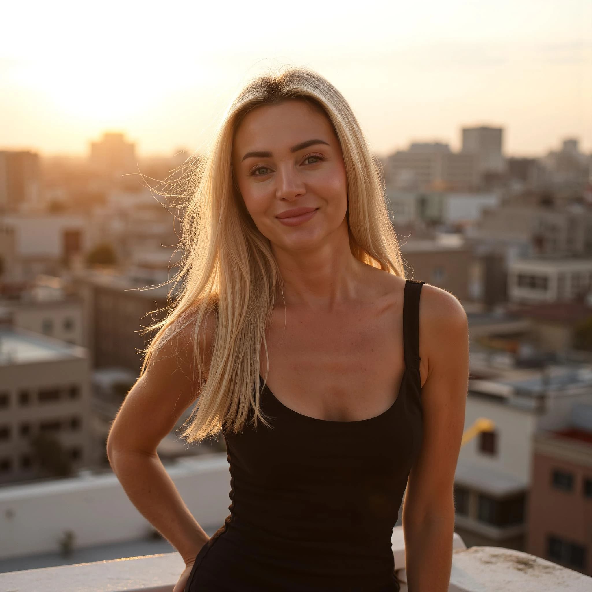 Professional headshot example: Woman Rooftop Black Top Smiling — LinkedInHeadshots.ai