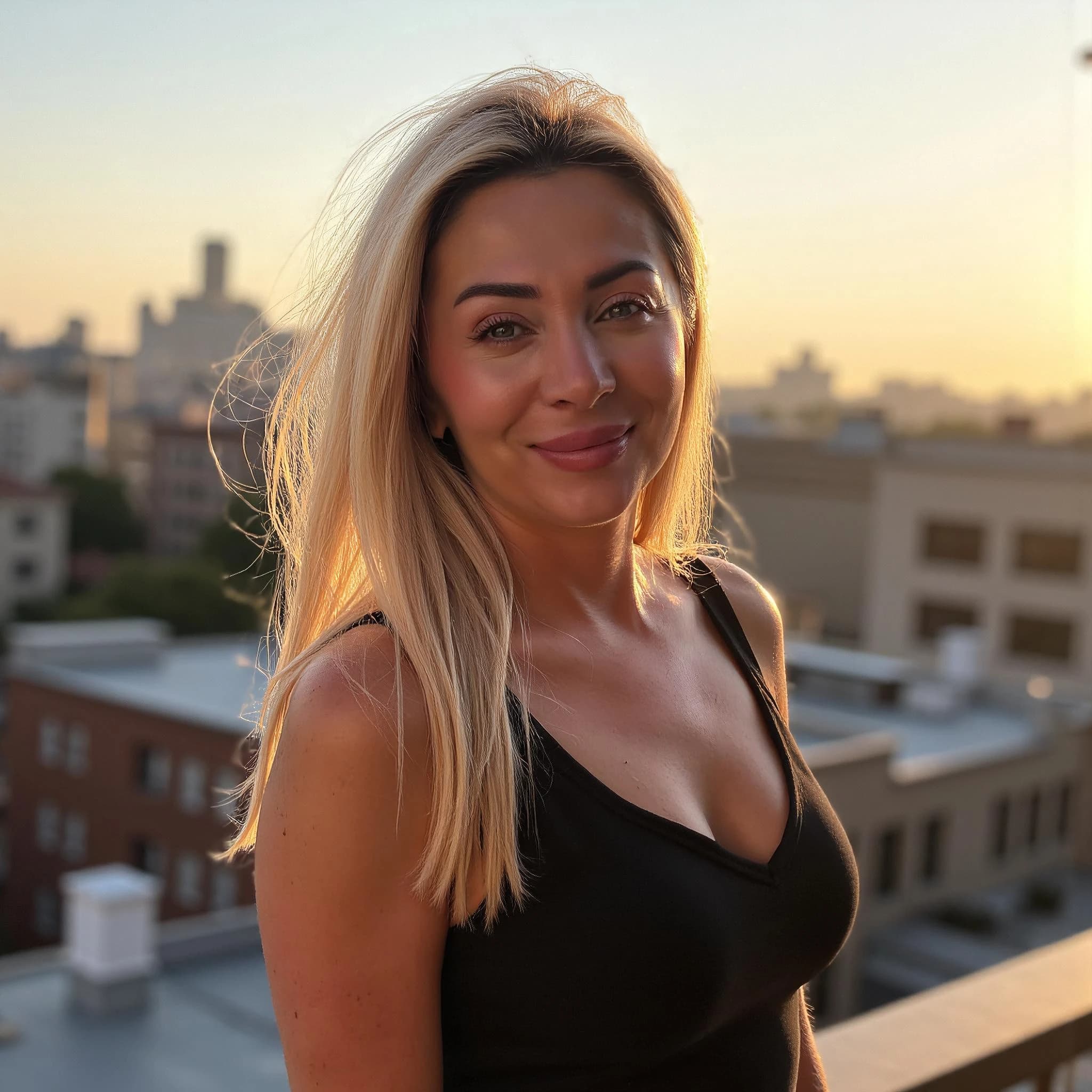 Professional headshot example: Woman Rooftop Black Top Smiling 2 — LinkedInHeadshots.ai