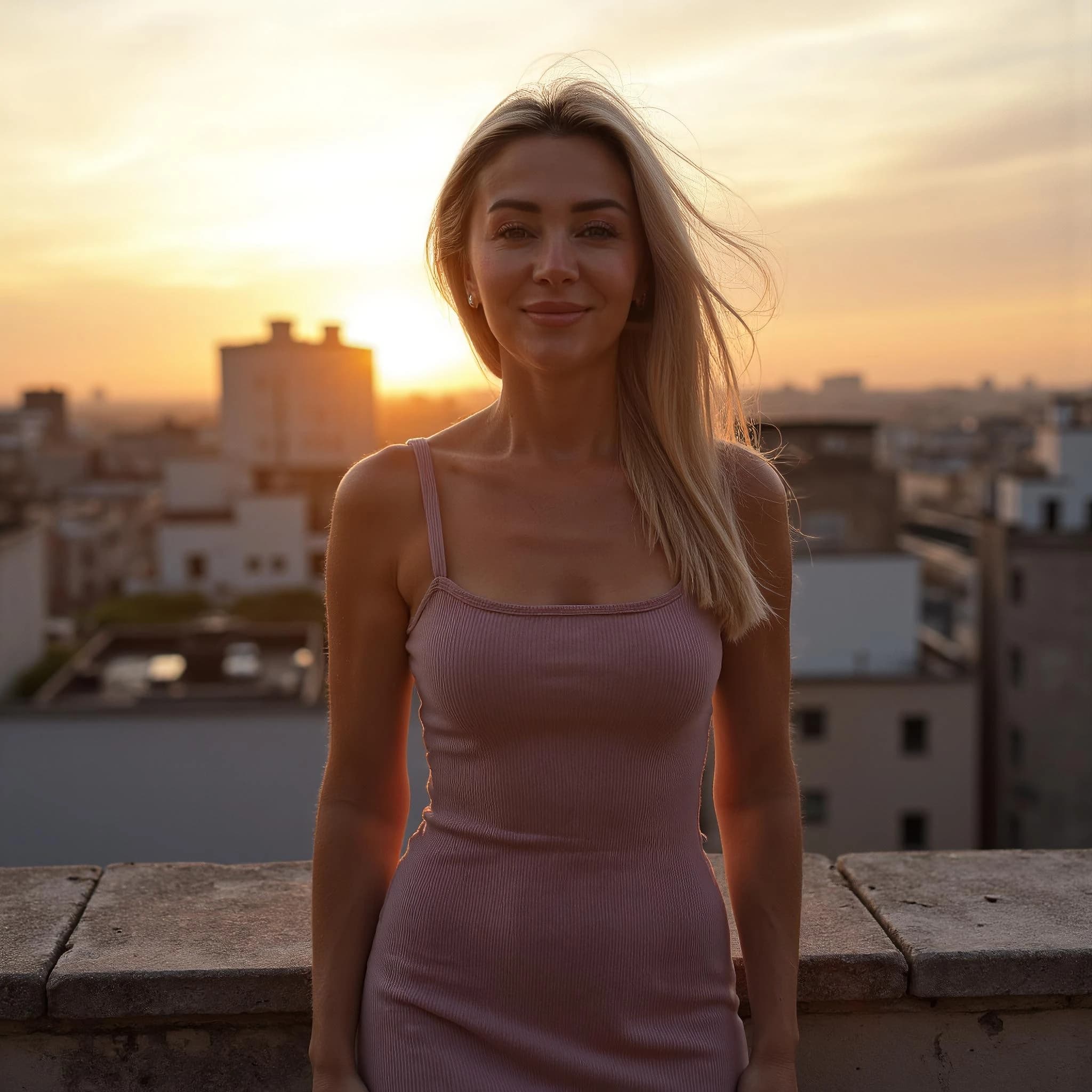Professional headshot example: Woman Rooftop Pink Dress Sunset — LinkedInHeadshots.ai