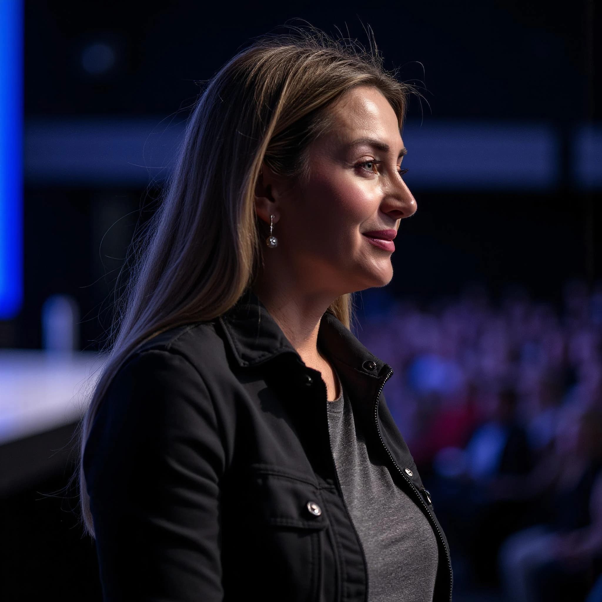 Professional headshot example: Woman Stage Black Jacket Profile — LinkedInHeadshots.ai