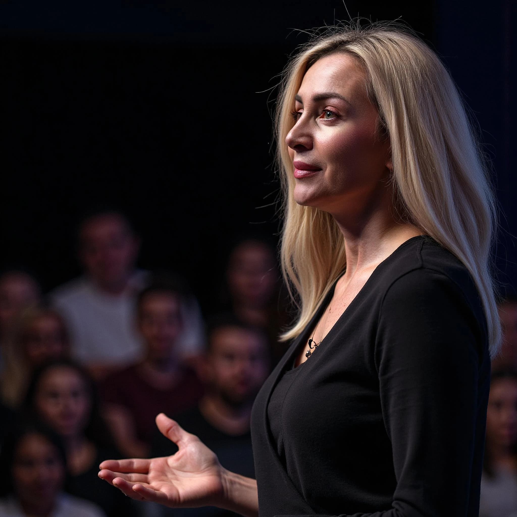 Professional headshot example: Woman Stage Black Outfit Speaking — LinkedInHeadshots.ai