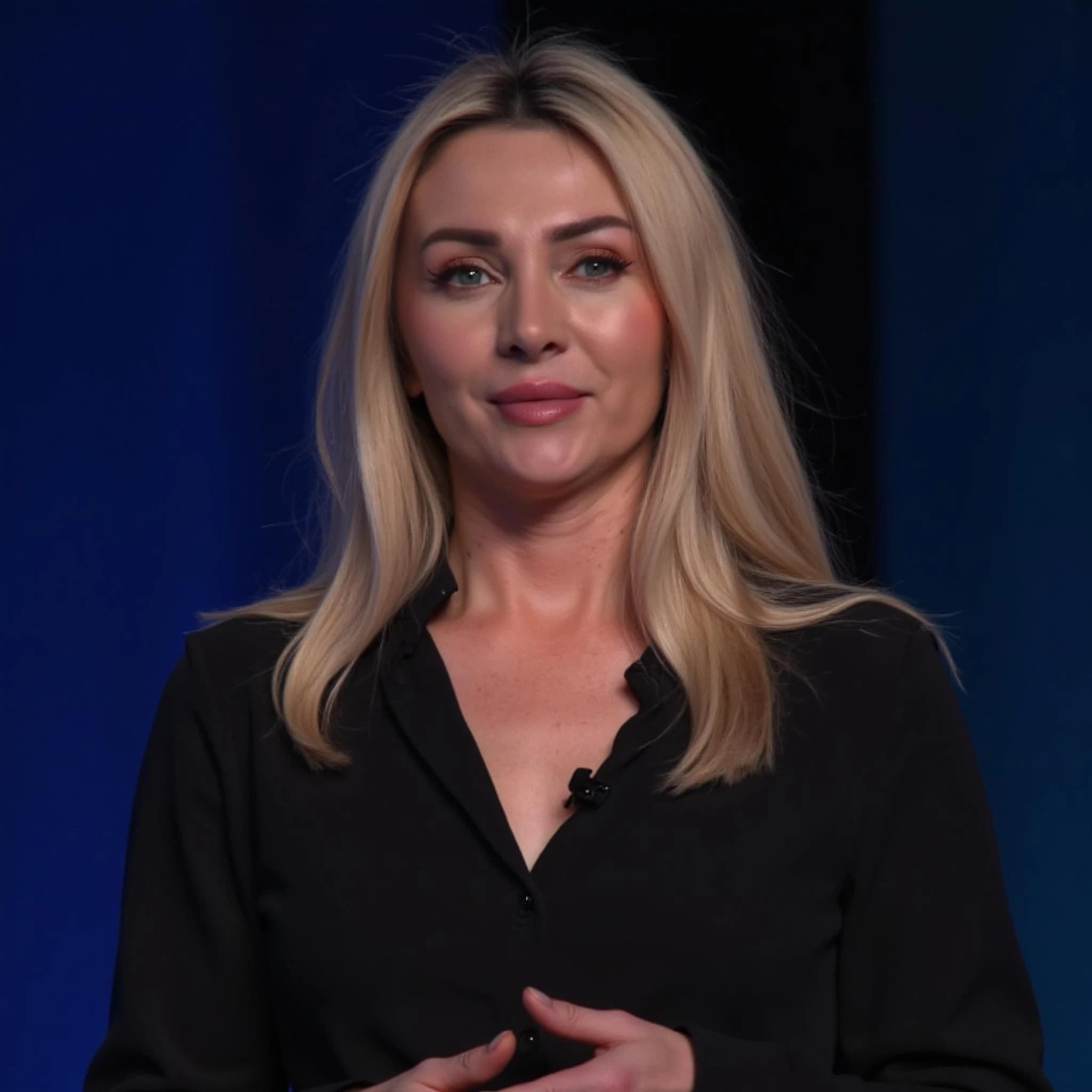 Professional headshot example: Woman Stage Black Shirt Smiling — LinkedInHeadshots.ai