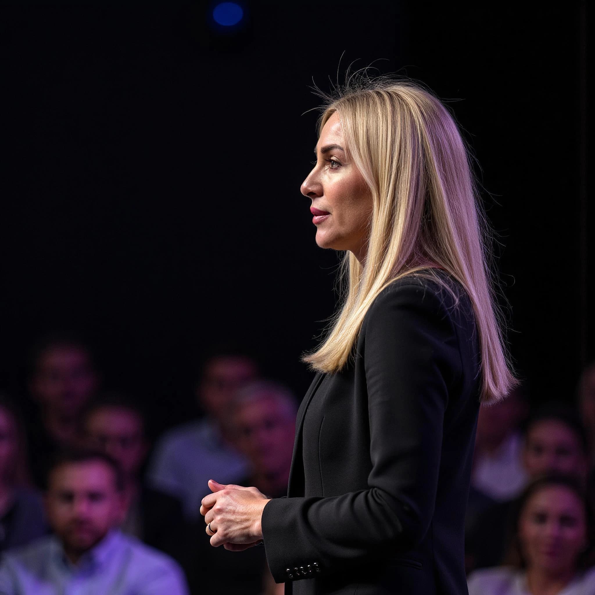 Professional headshot example: Woman Stage Black Suit Speaking — LinkedInHeadshots.ai