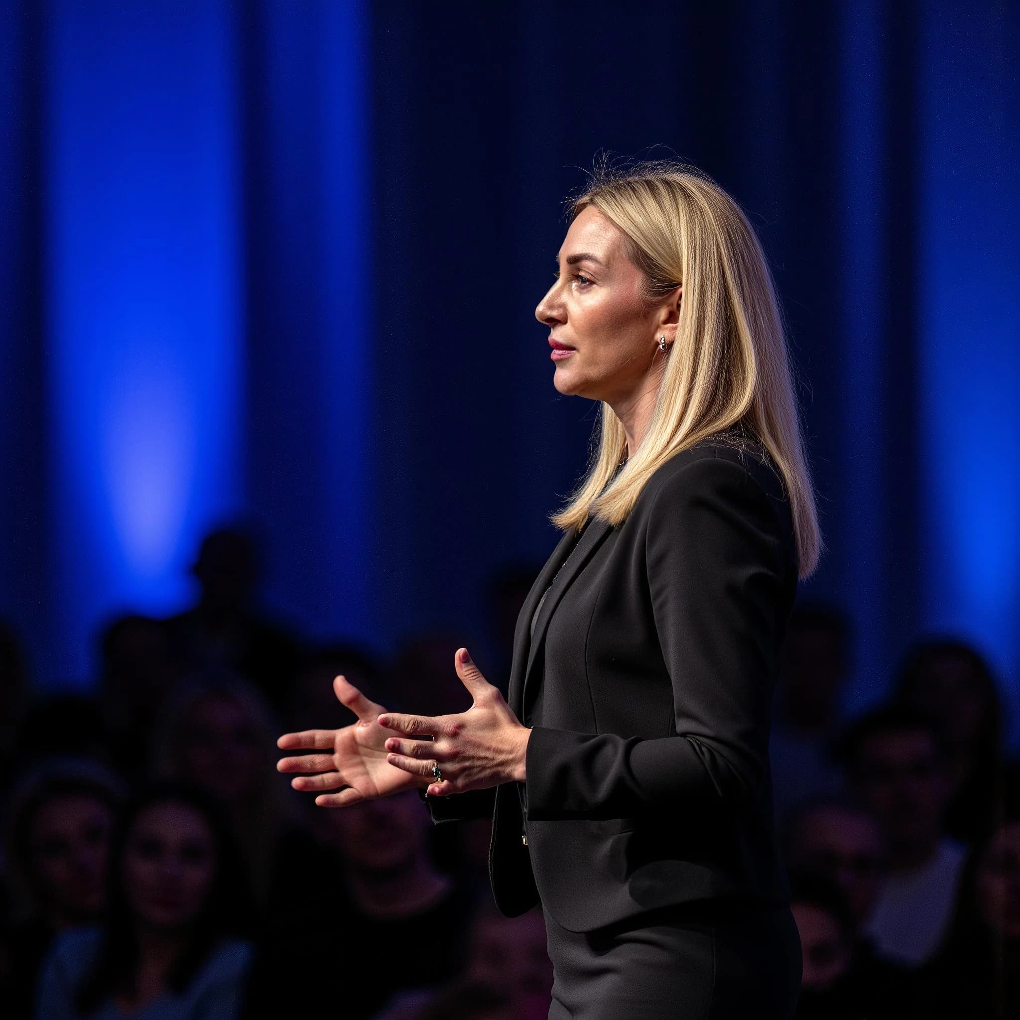 Professional headshot example: Woman Stage Black Suit Speaking 2 — LinkedInHeadshots.ai