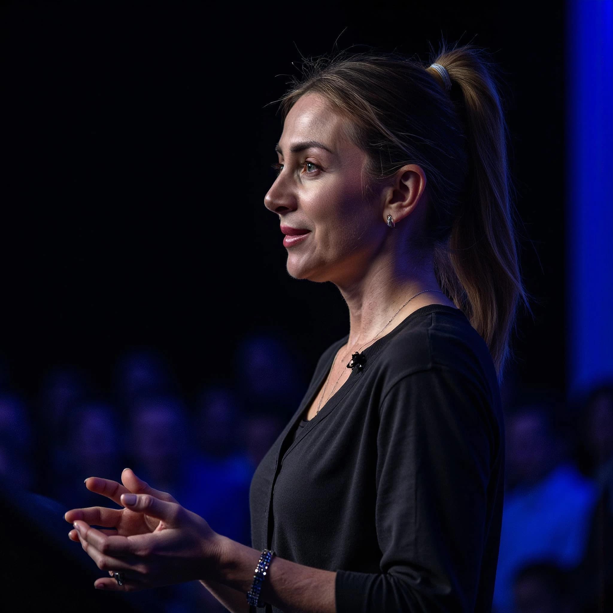 Professional headshot example: Woman Stage Black Top Speaking — LinkedInHeadshots.ai