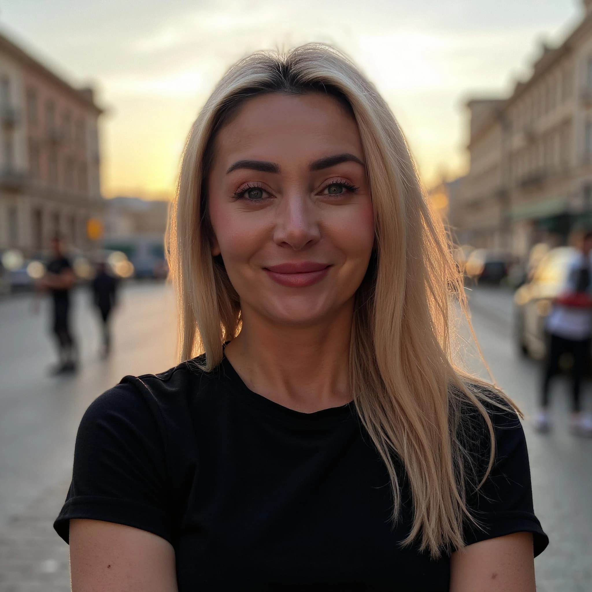 Professional headshot example: Woman Street Black Shirt Smiling — LinkedInHeadshots.ai
