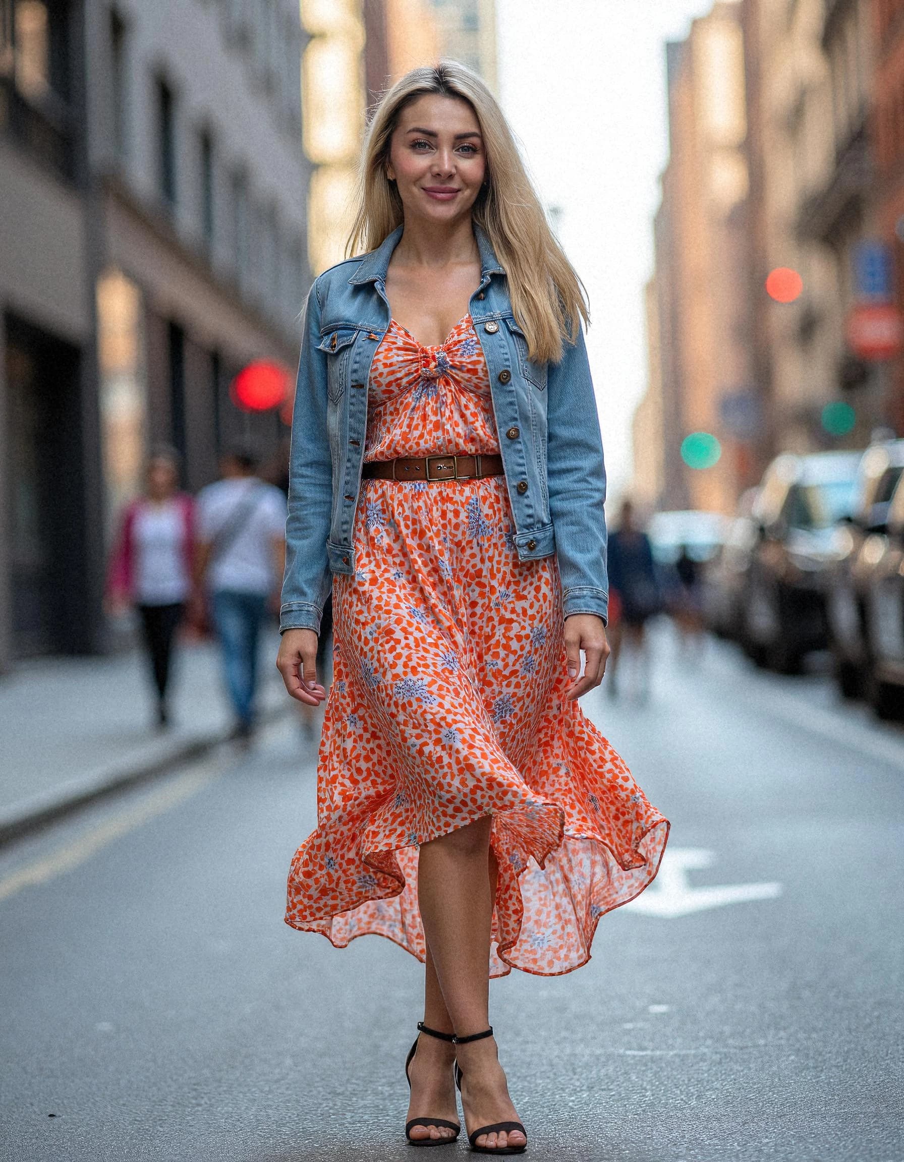 Professional headshot example: Woman Street Orange Dress Walking — LinkedInHeadshots.ai