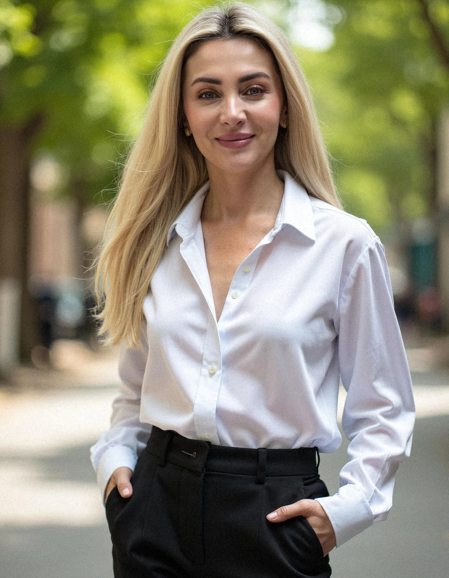Professional headshot example: Woman Street White Shirt Smiling 2 — LinkedInHeadshots.ai