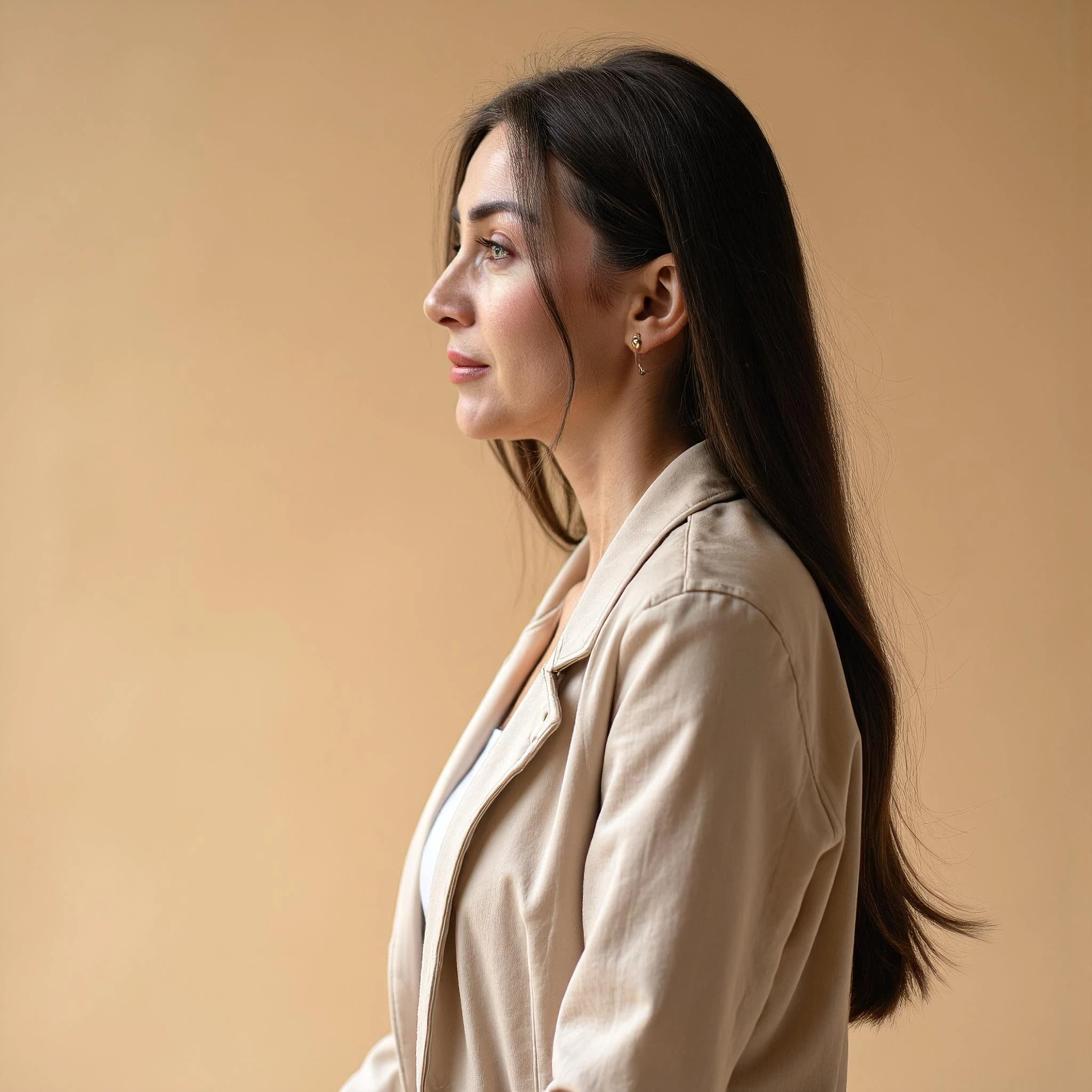 Professional headshot example: Woman Studio Beige Jacket Profile — LinkedInHeadshots.ai