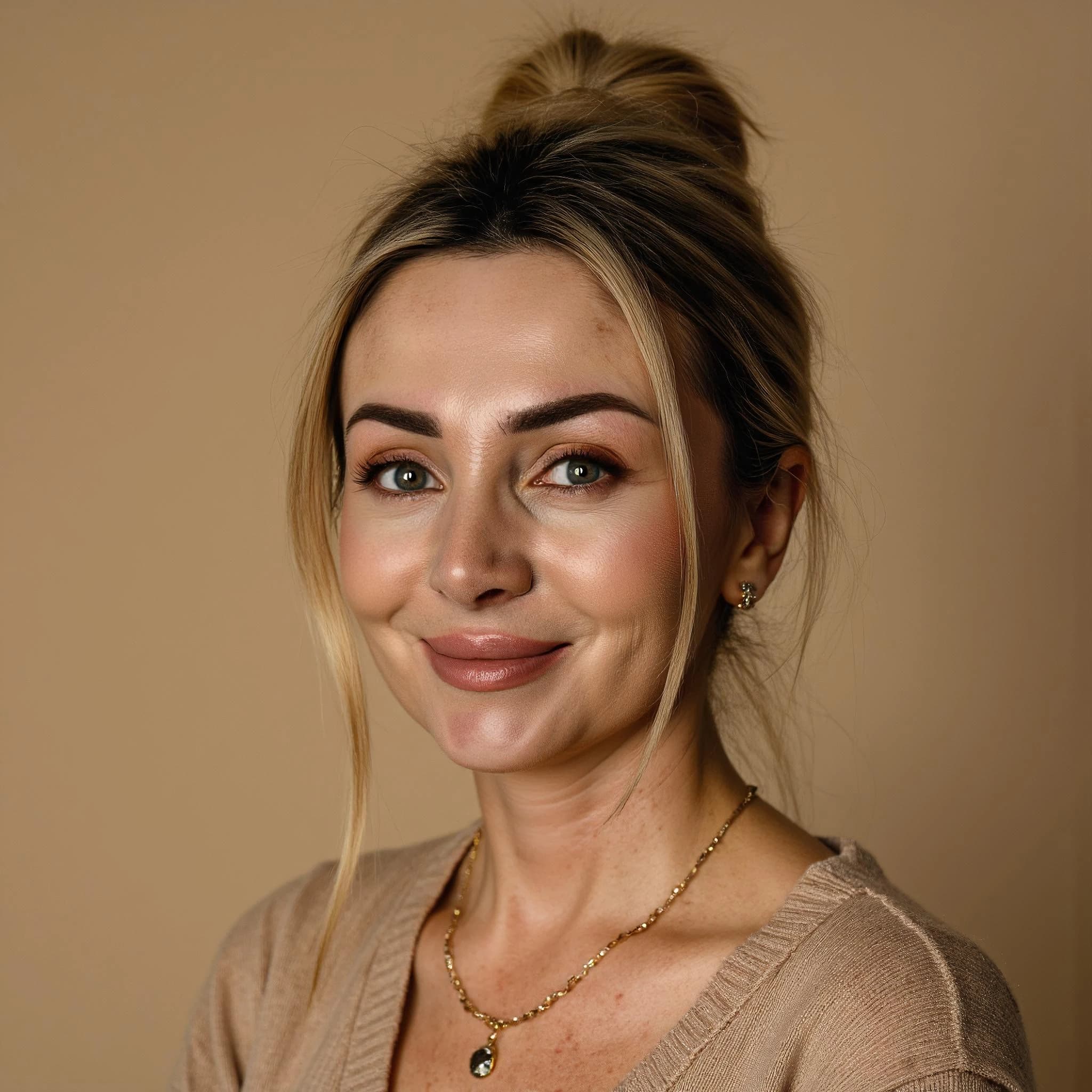 Professional headshot example: Woman Studio Beige Sweater Smiling — LinkedInHeadshots.ai