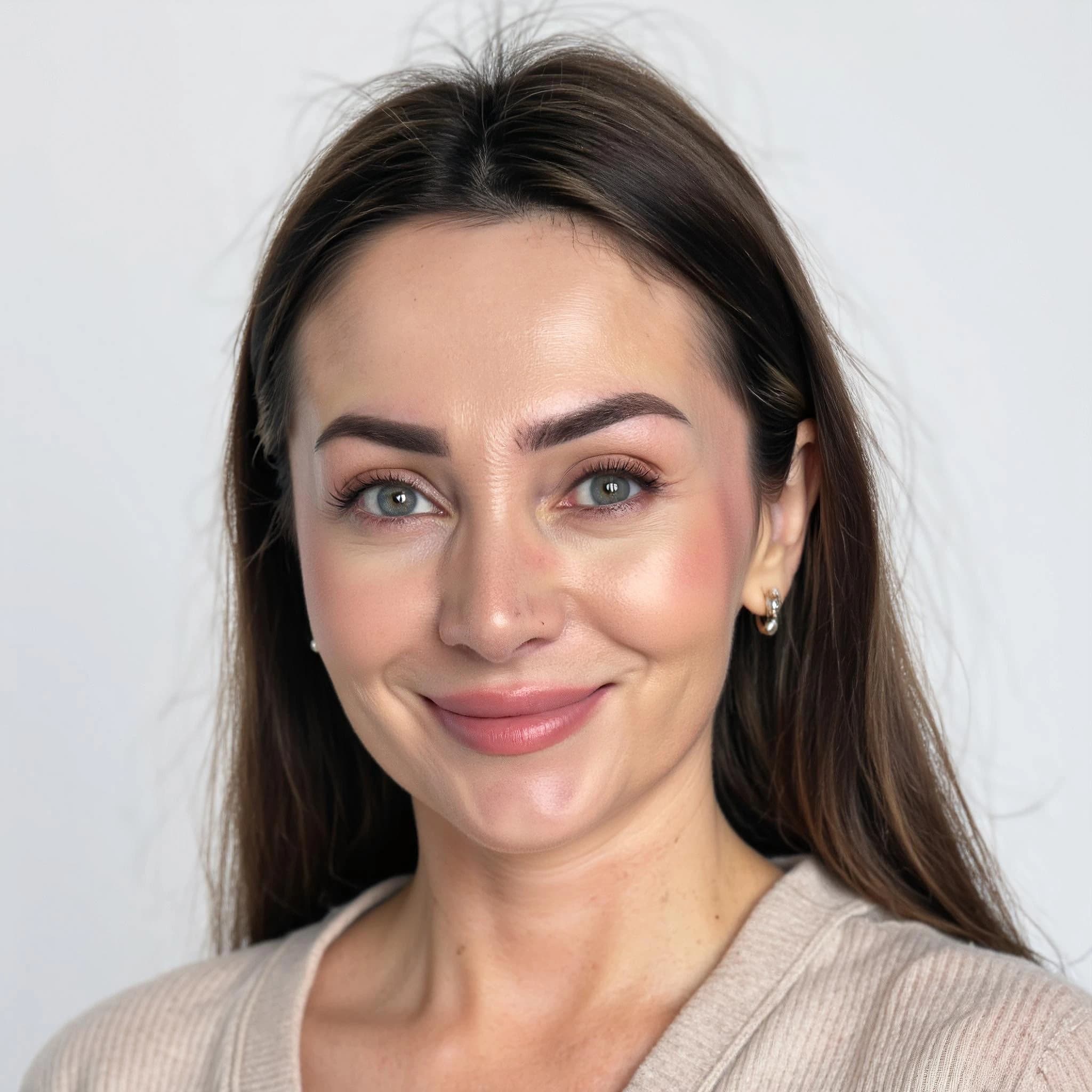 Professional headshot example: Woman Studio Beige Sweater Smiling 3 — LinkedInHeadshots.ai