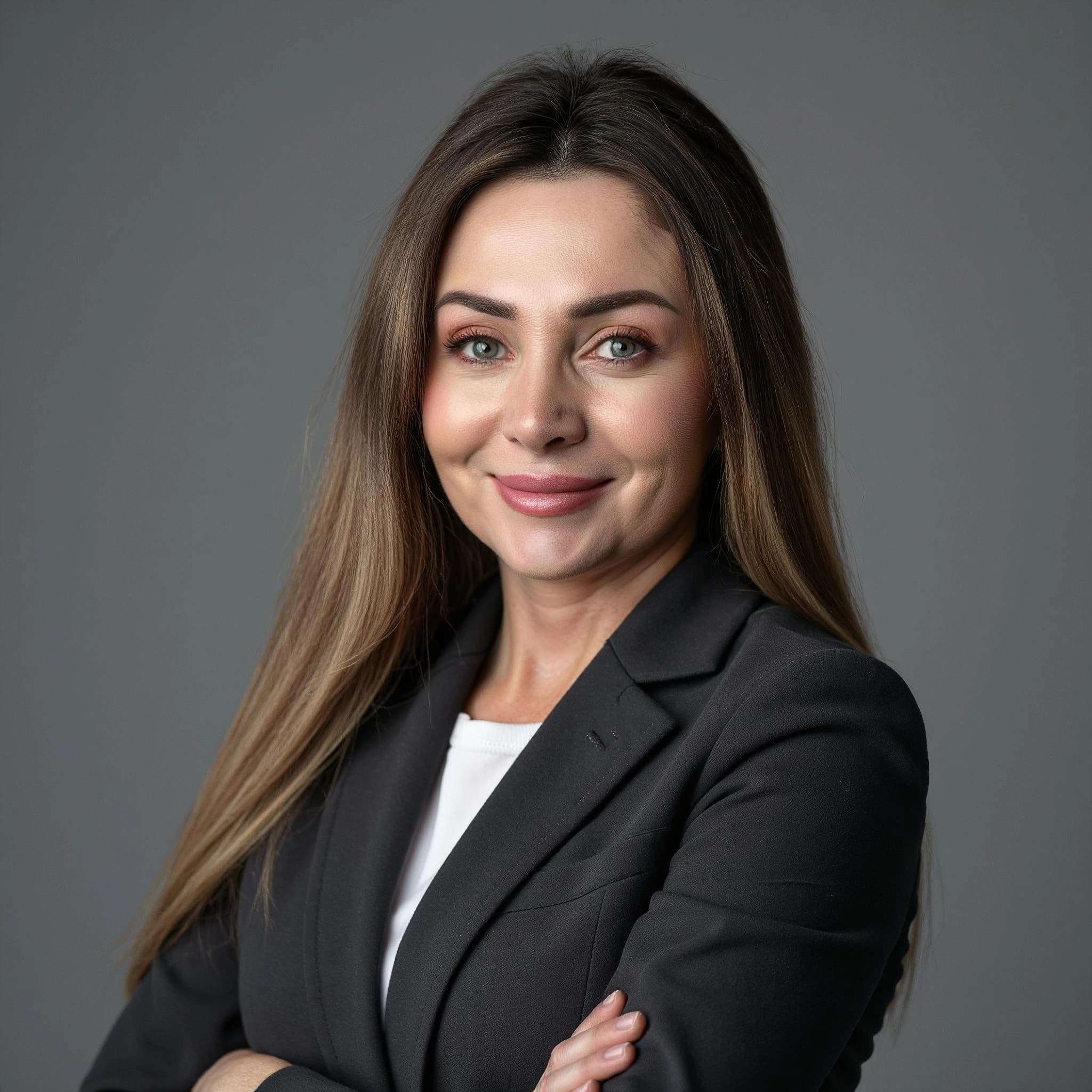 Professional headshot example: Woman Studio Black Blazer Crossed Arms — LinkedInHeadshots.ai