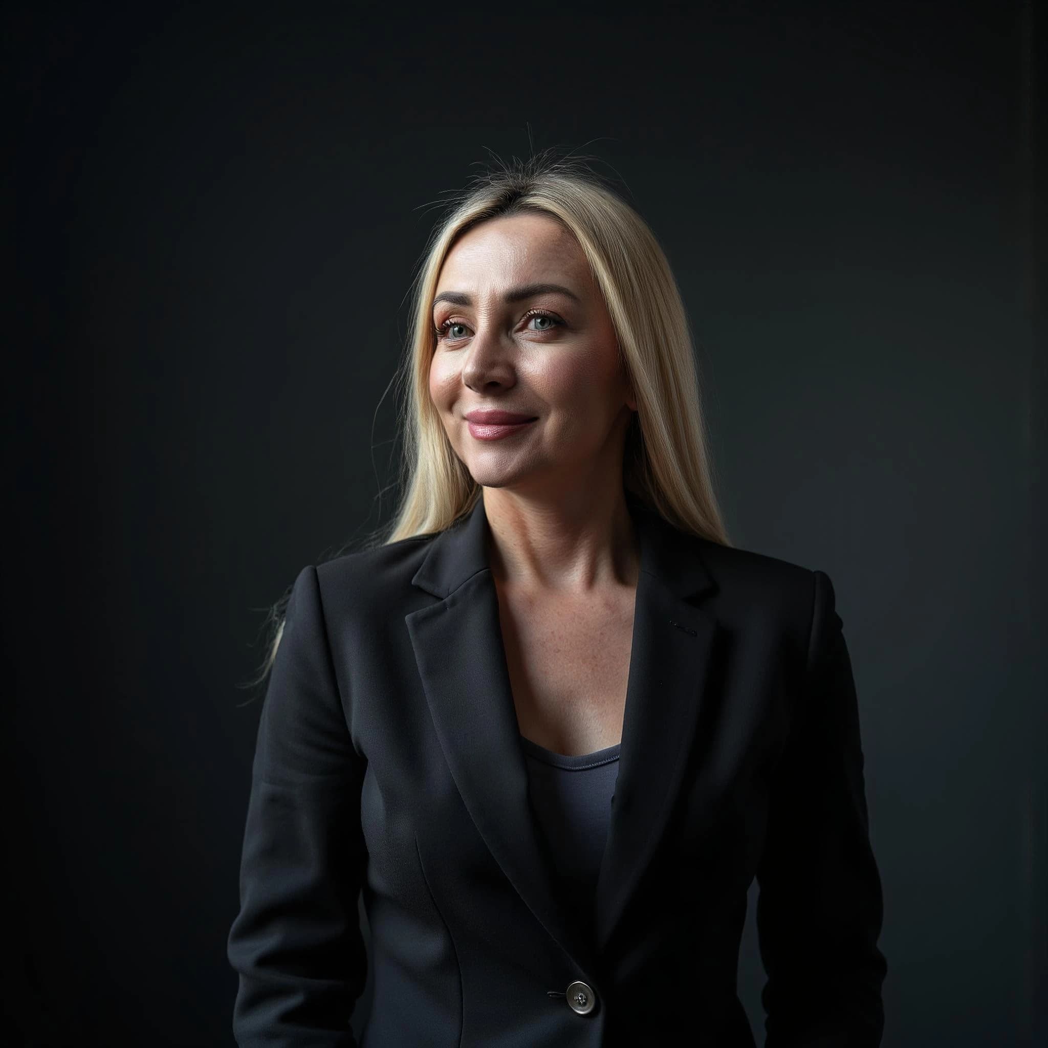 Professional headshot example: Woman Studio Black Blazer Smiling — LinkedInHeadshots.ai