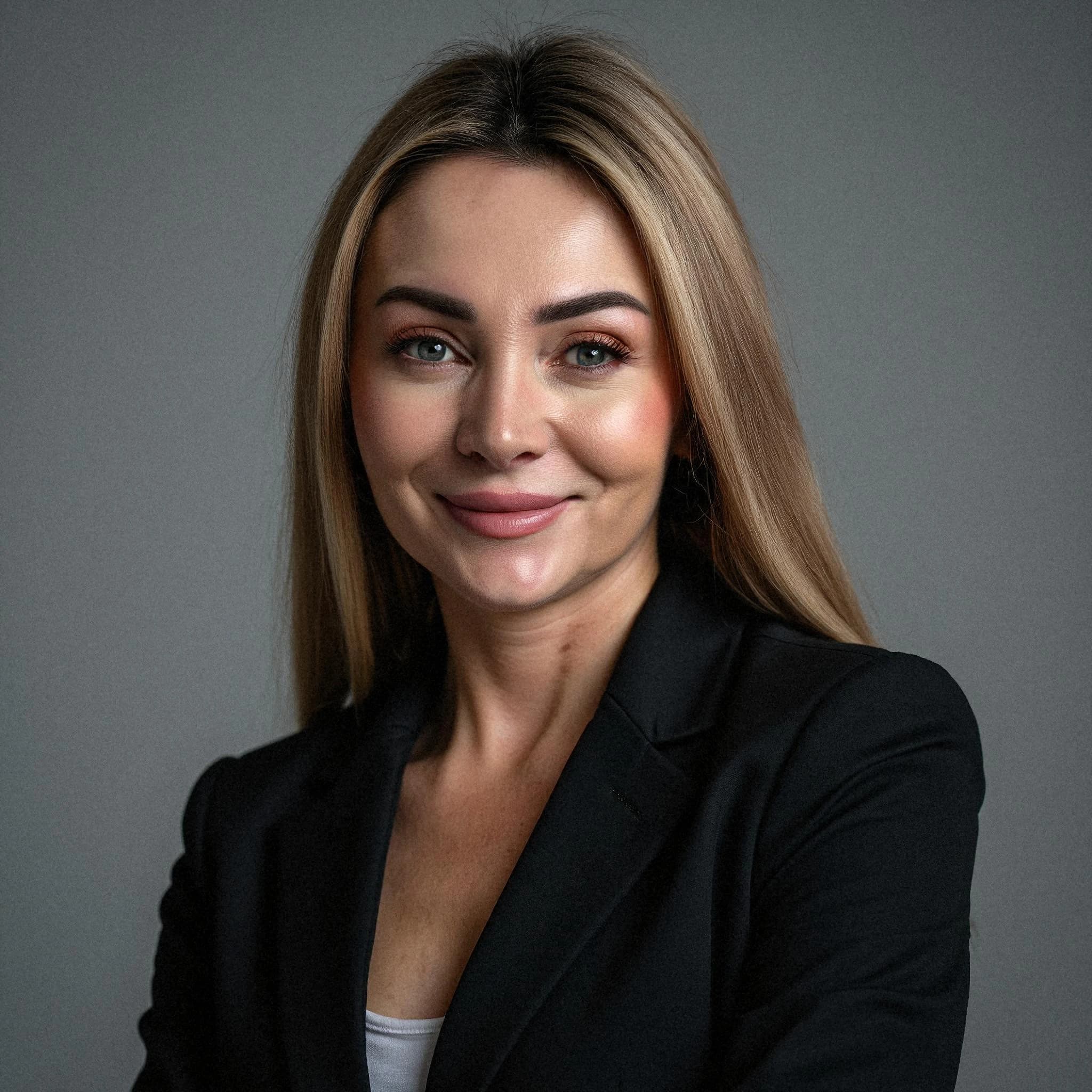 Professional headshot example: Woman Studio Black Blazer Smiling 11 — LinkedInHeadshots.ai