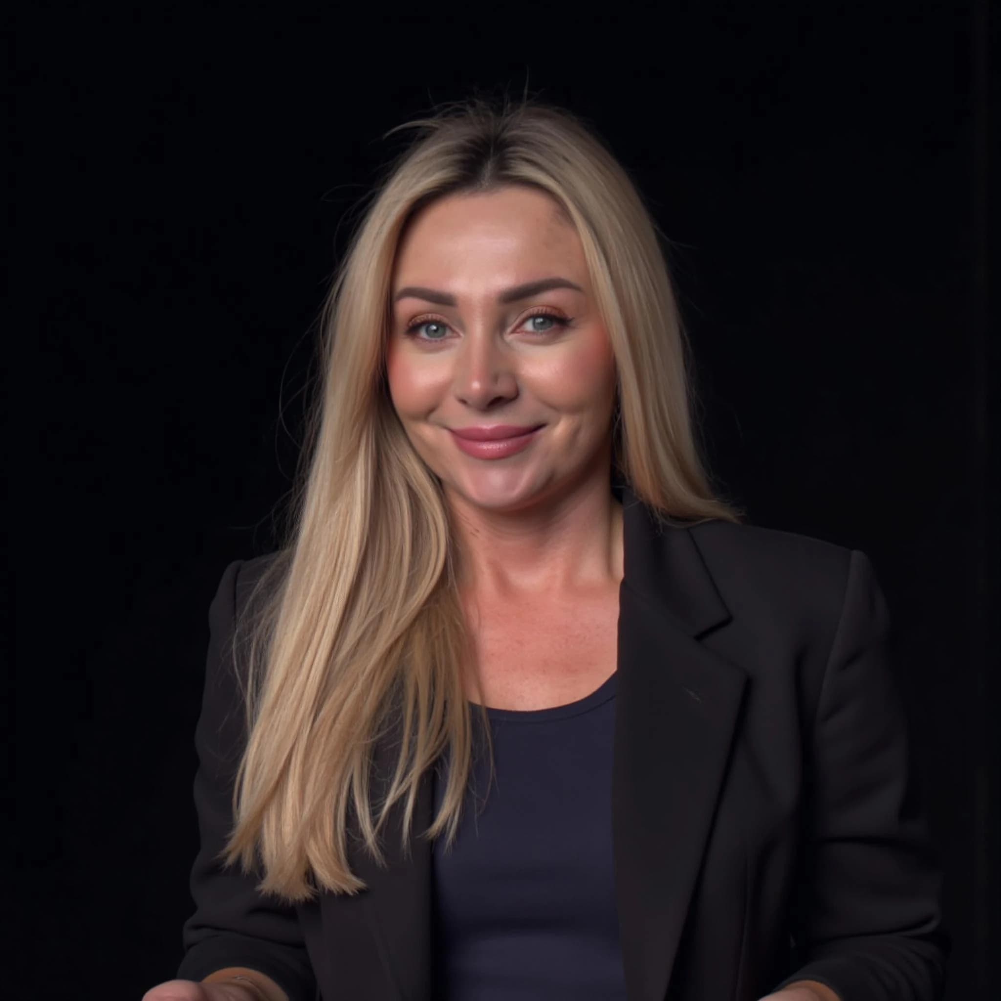 Professional headshot example: Woman Studio Black Blazer Smiling 13 — LinkedInHeadshots.ai