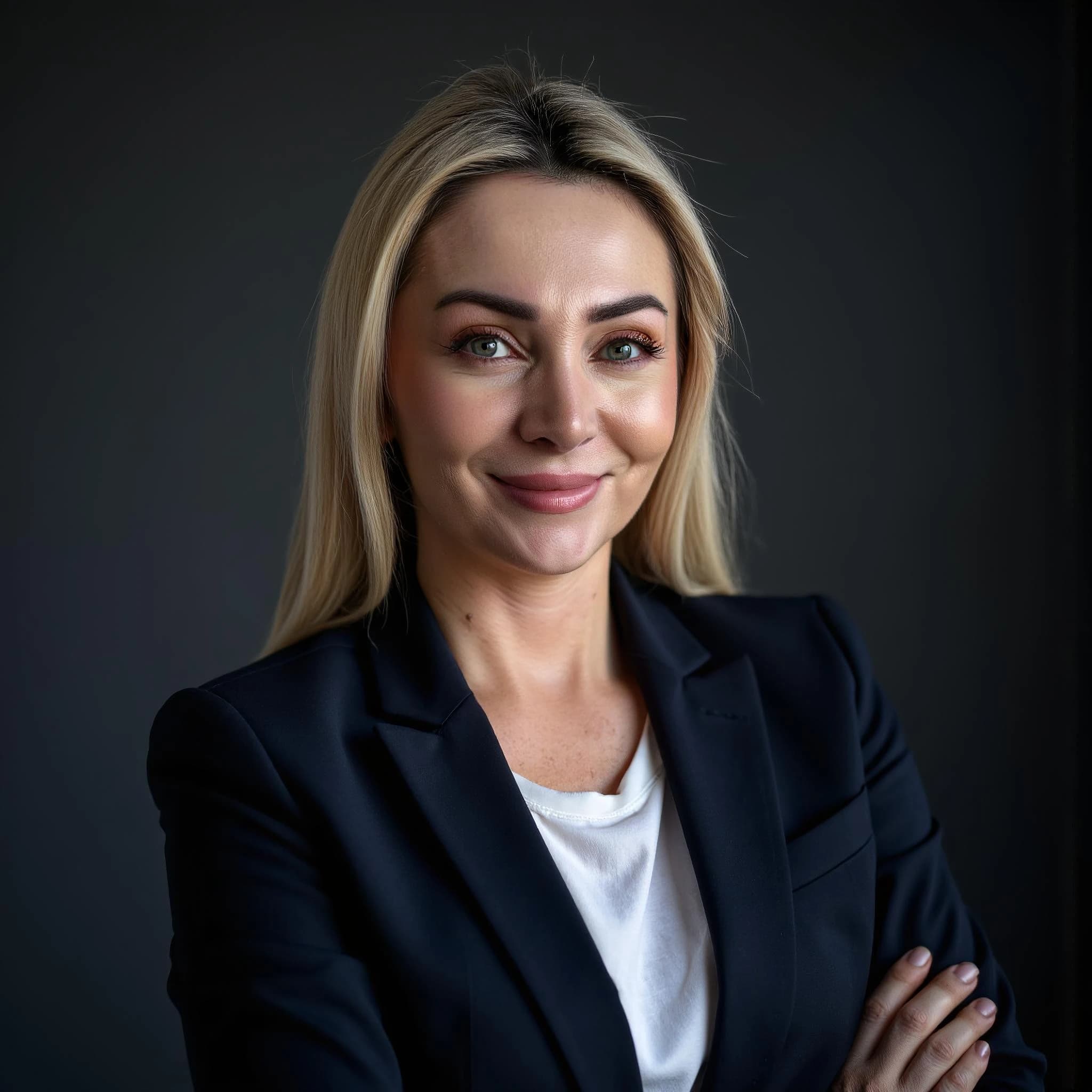 Professional headshot example: Woman Studio Black Blazer Smiling 14 — LinkedInHeadshots.ai
