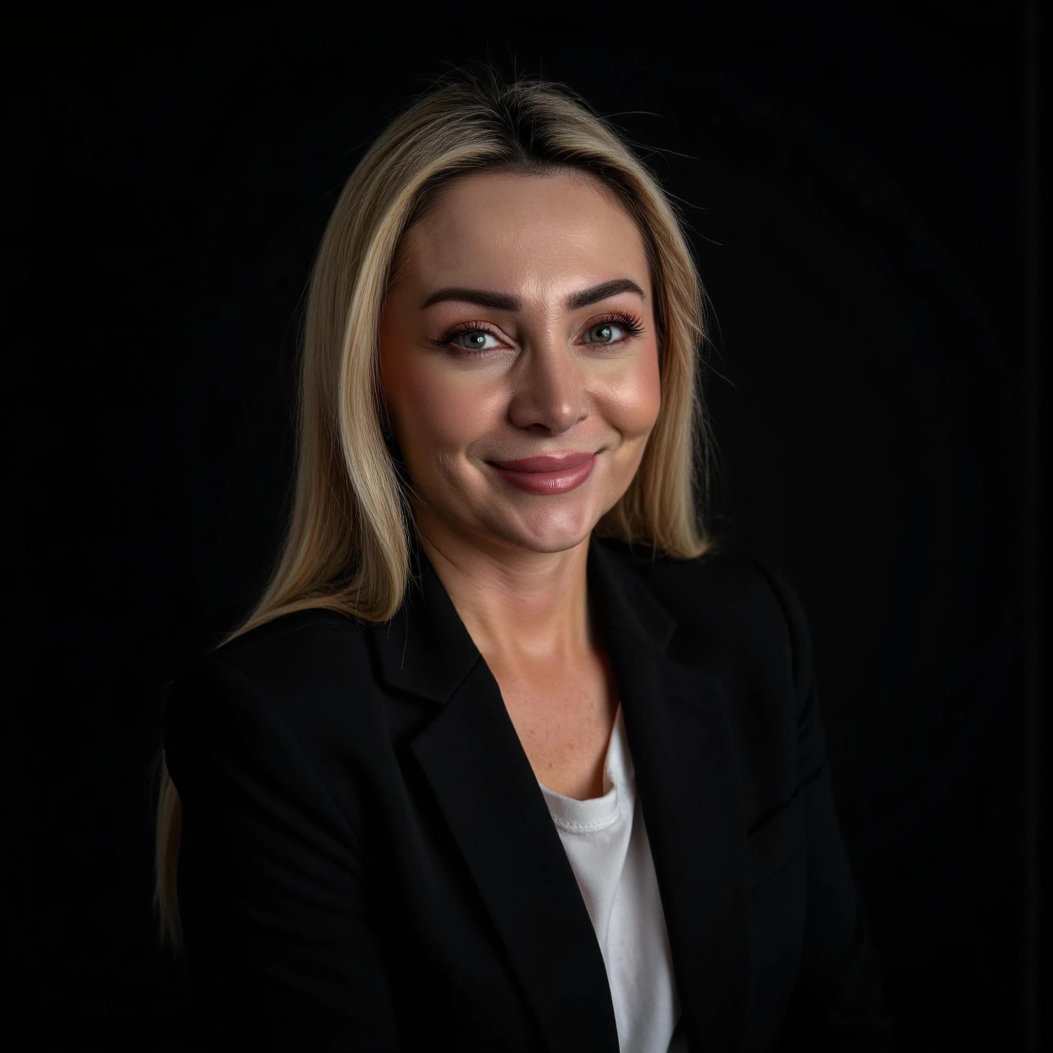 Professional headshot example: Woman Studio Black Blazer Smiling 18 — LinkedInHeadshots.ai