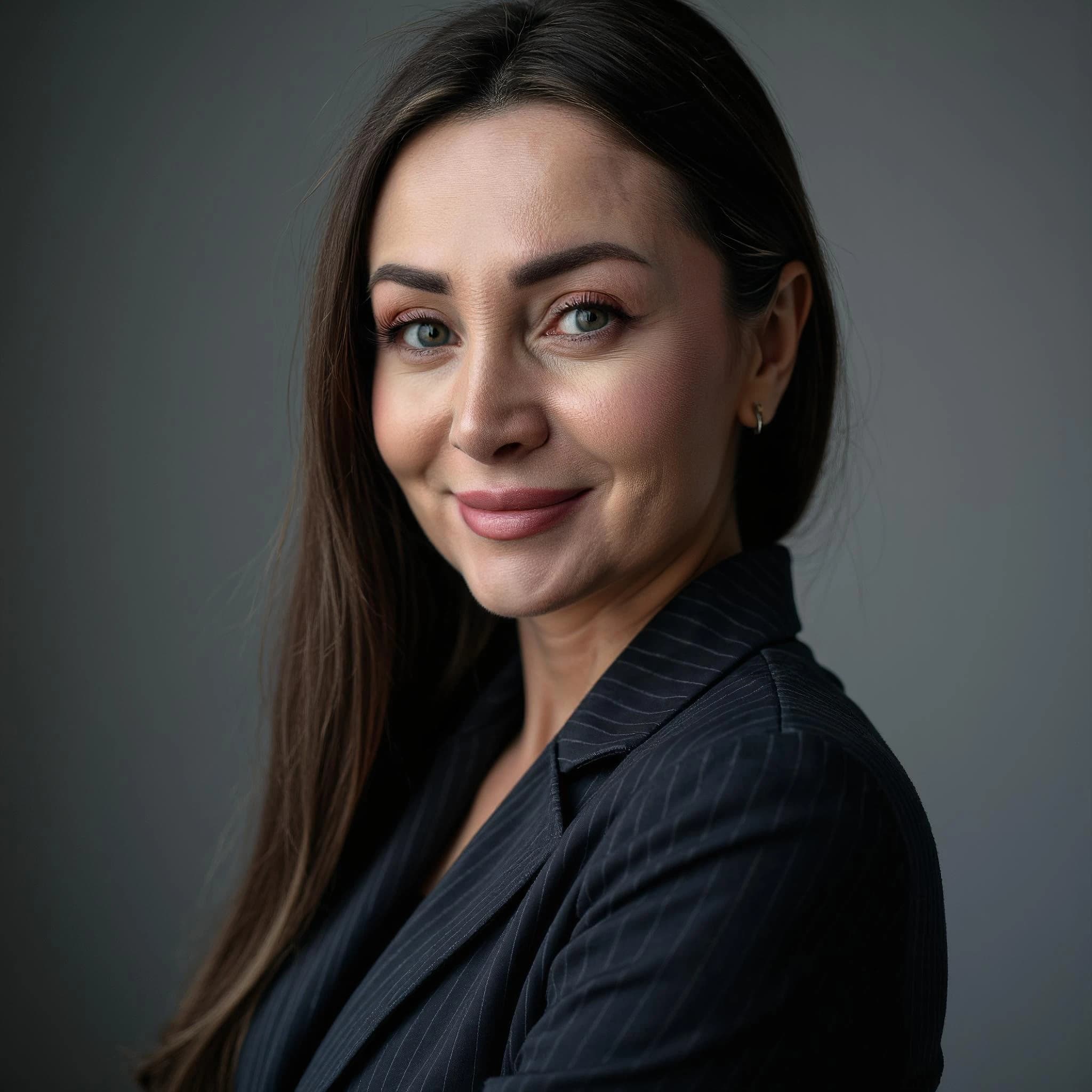 Professional headshot example: Woman Studio Black Blazer Smiling 19 — LinkedInHeadshots.ai