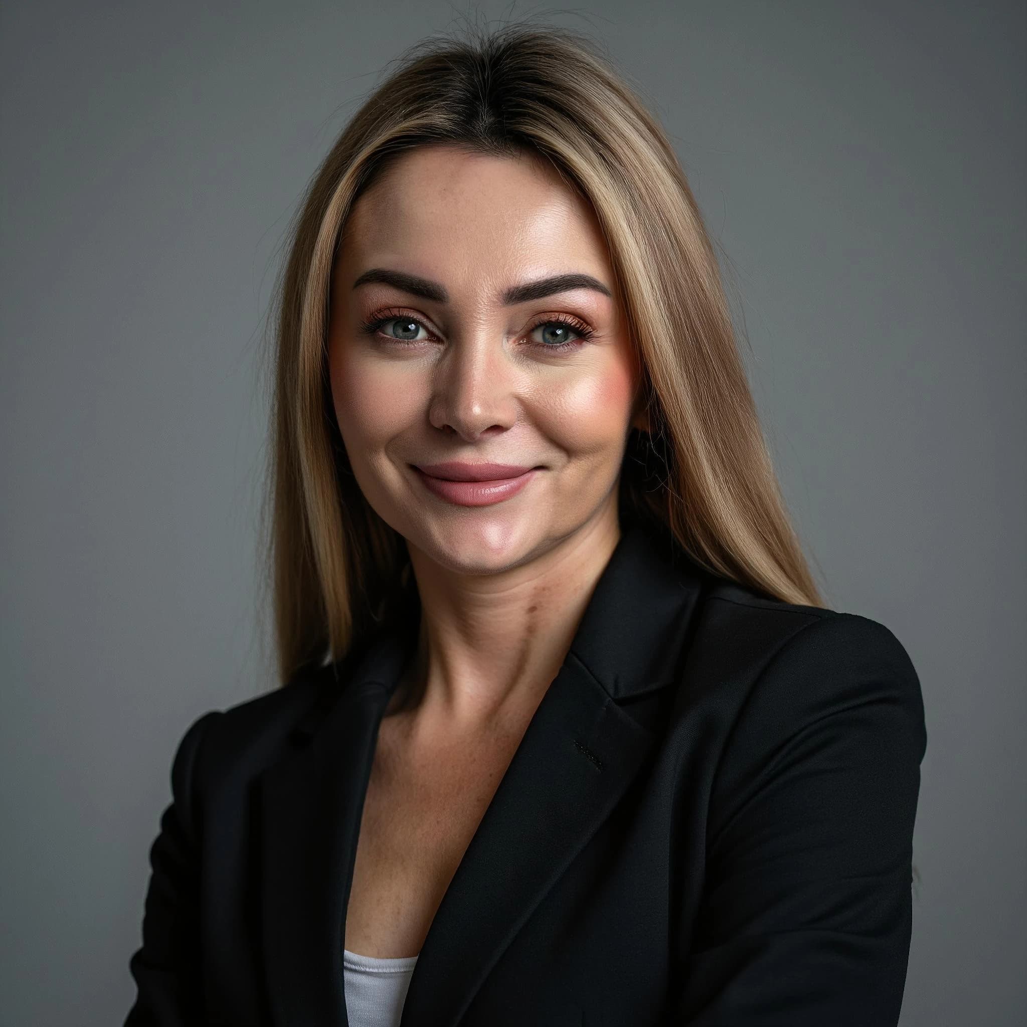 Professional headshot example: Woman Studio Black Blazer Smiling 20 — LinkedInHeadshots.ai