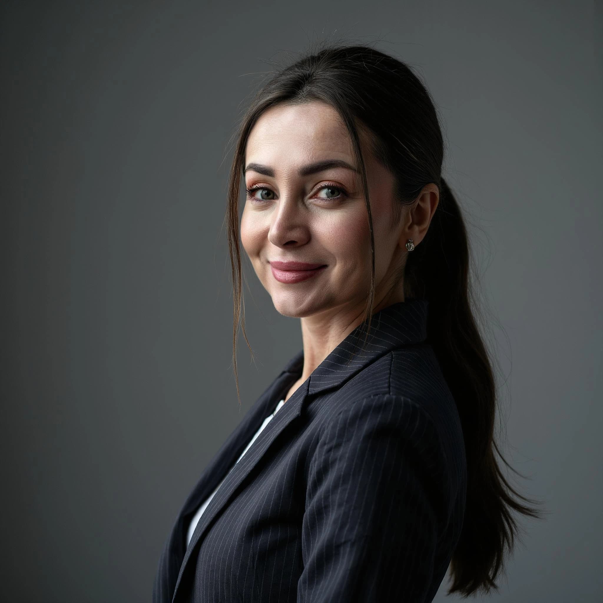 Professional headshot example: Woman Studio Black Blazer Smiling 23 — LinkedInHeadshots.ai