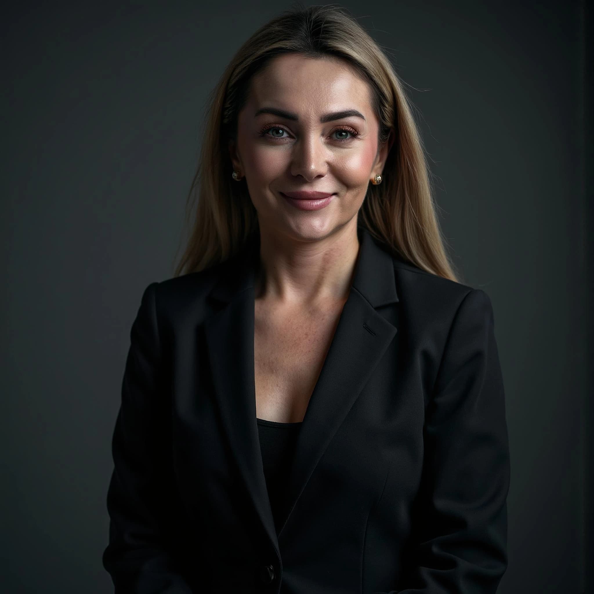 Professional headshot example: Woman Studio Black Blazer Smiling 25 — LinkedInHeadshots.ai