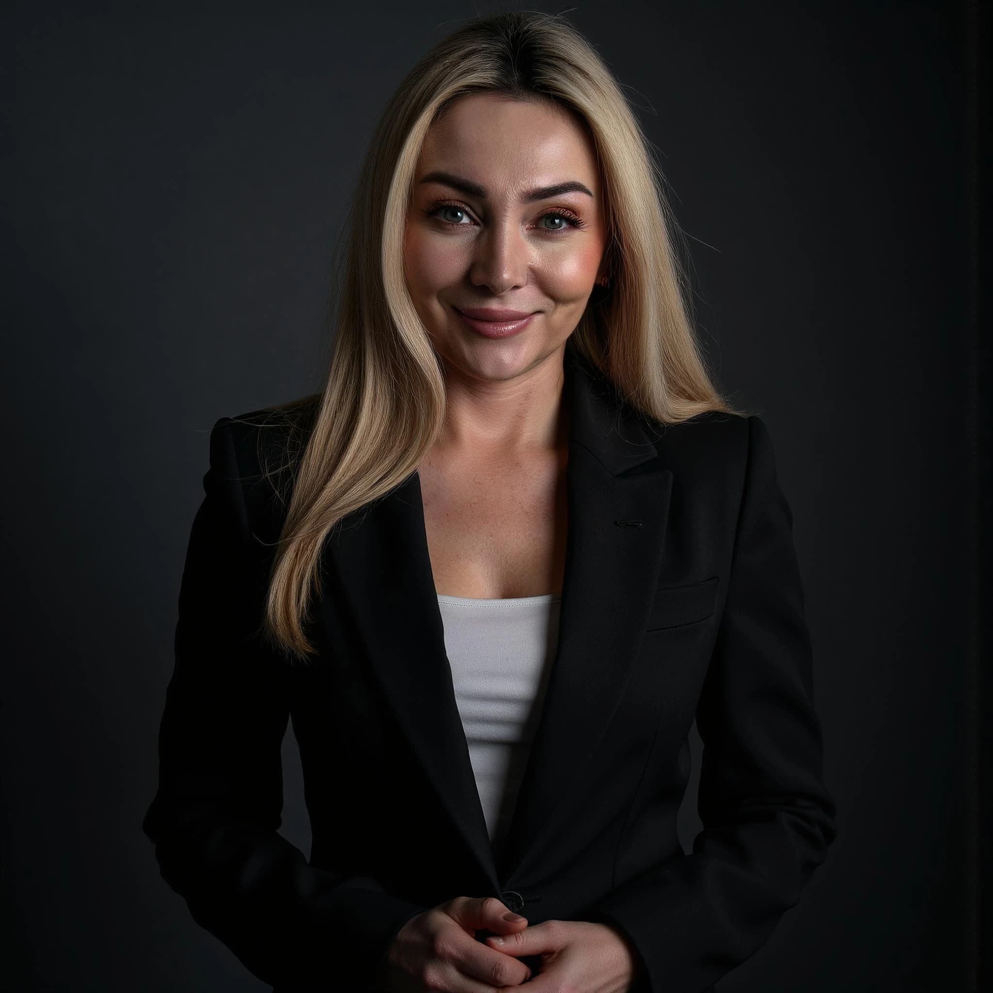 Professional headshot example: Woman Studio Black Blazer Smiling 26 — LinkedInHeadshots.ai