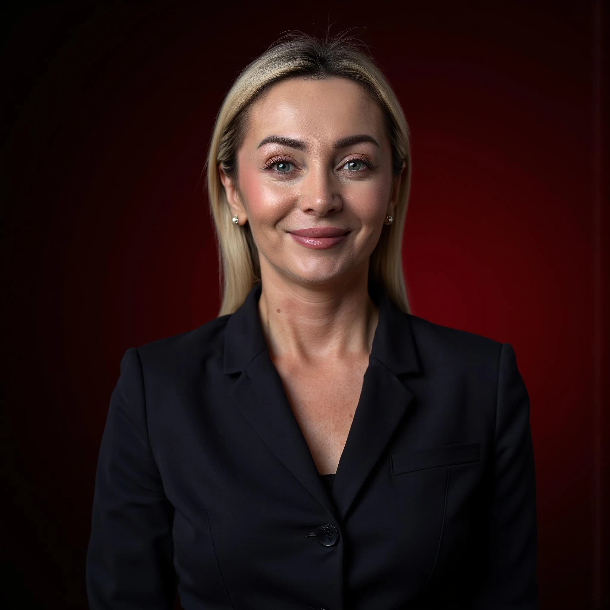 Professional headshot example: Woman Studio Black Blazer Smiling 27 — LinkedInHeadshots.ai