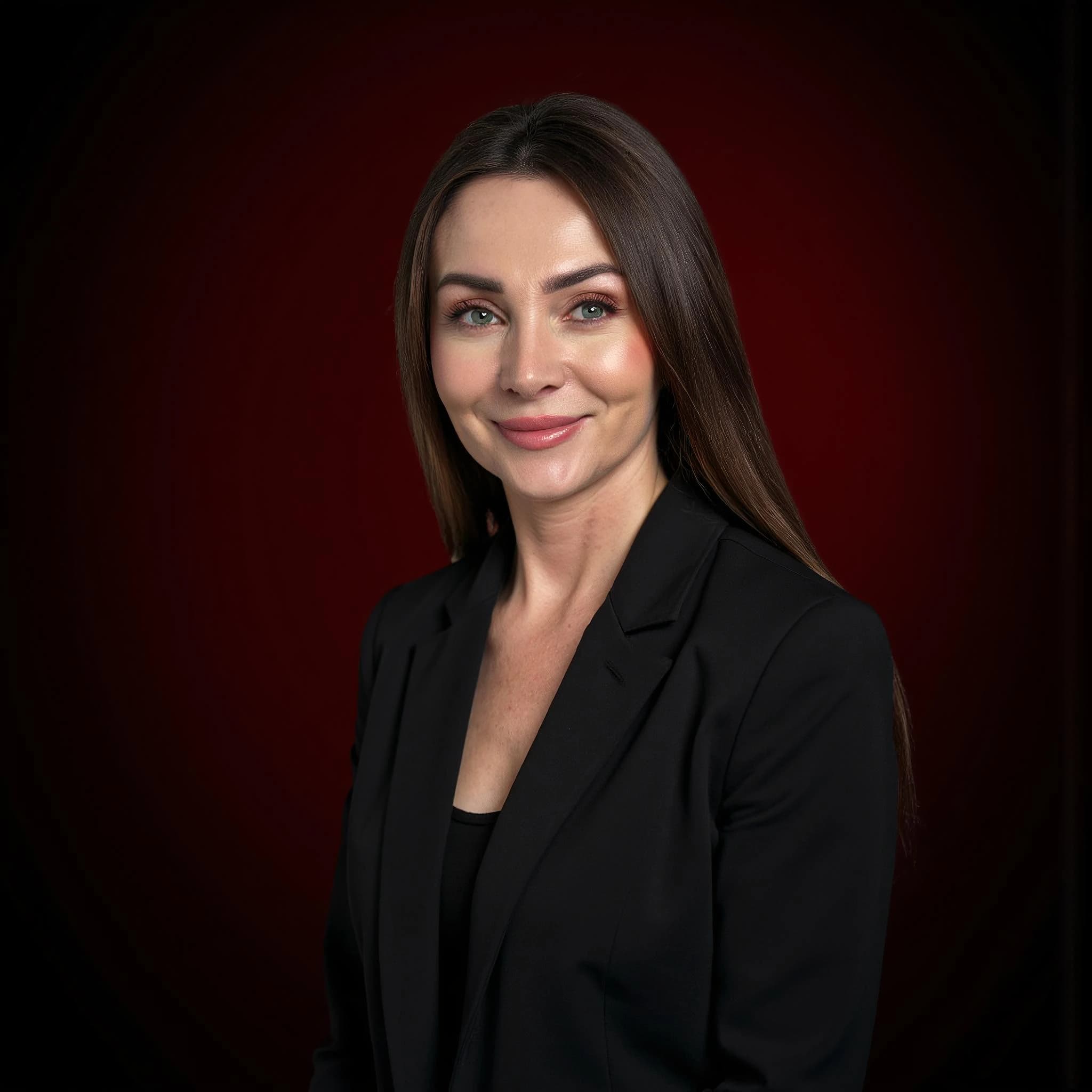 Professional headshot example: Woman Studio Black Blazer Smiling 28 — LinkedInHeadshots.ai