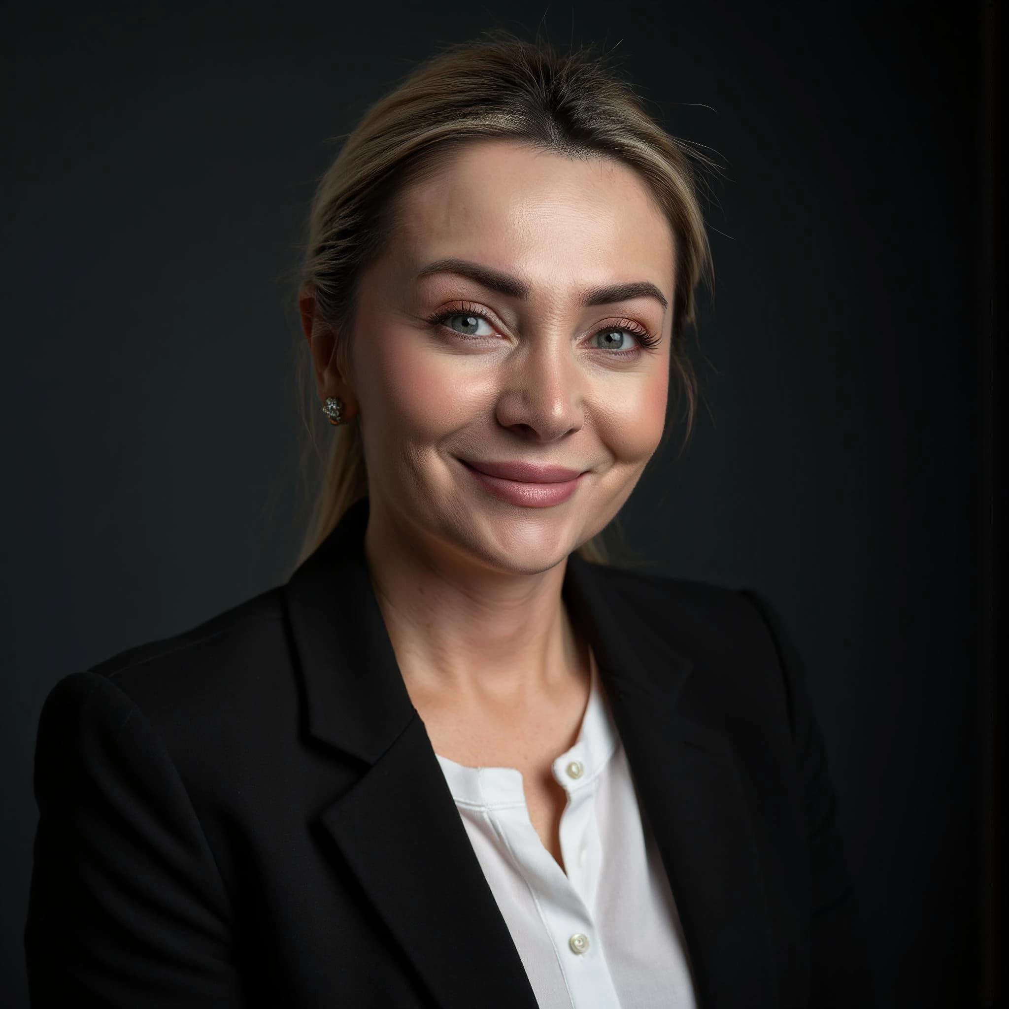 Professional headshot example: Woman Studio Black Blazer Smiling 29 — LinkedInHeadshots.ai