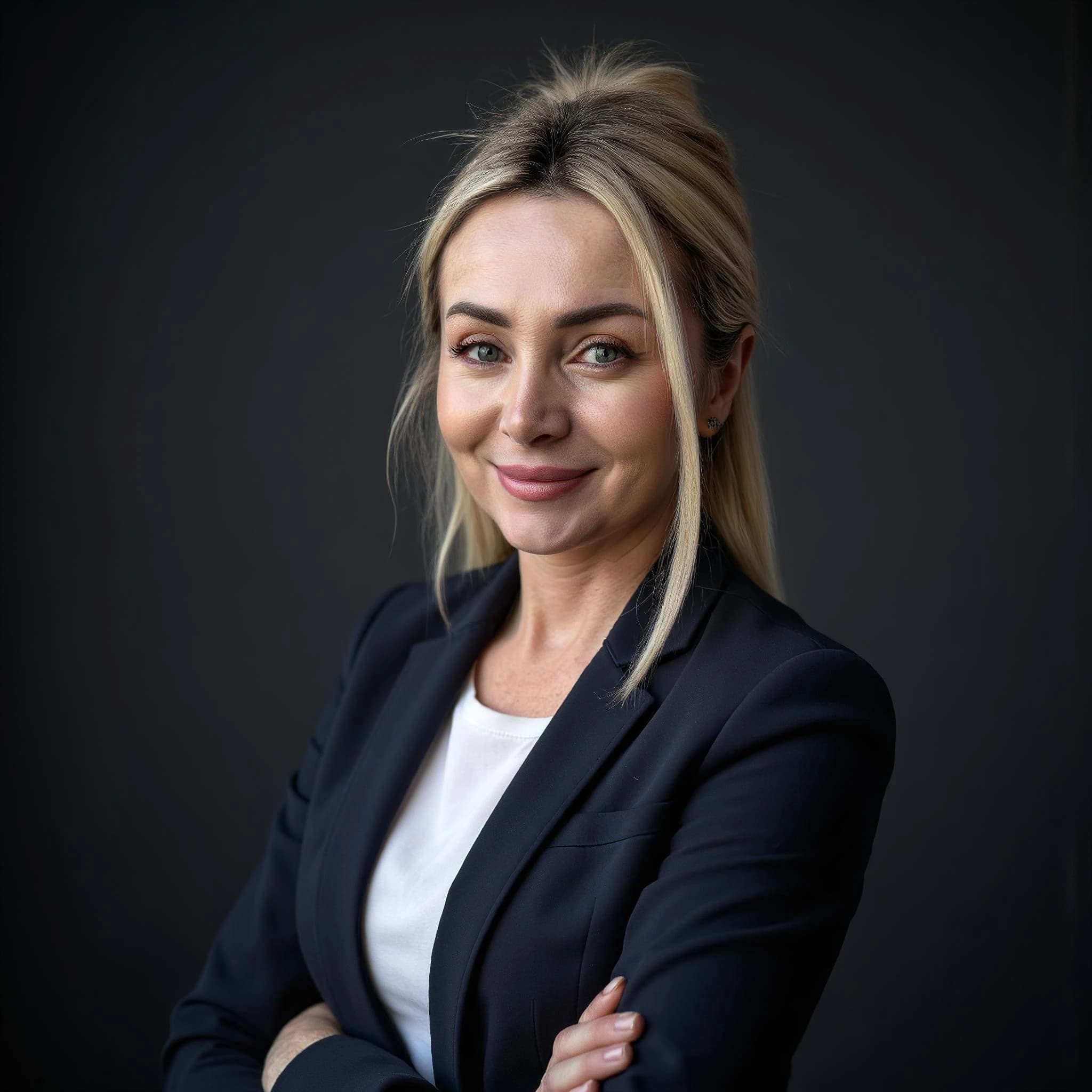 Professional headshot example: Woman Studio Black Blazer Smiling 31 — LinkedInHeadshots.ai