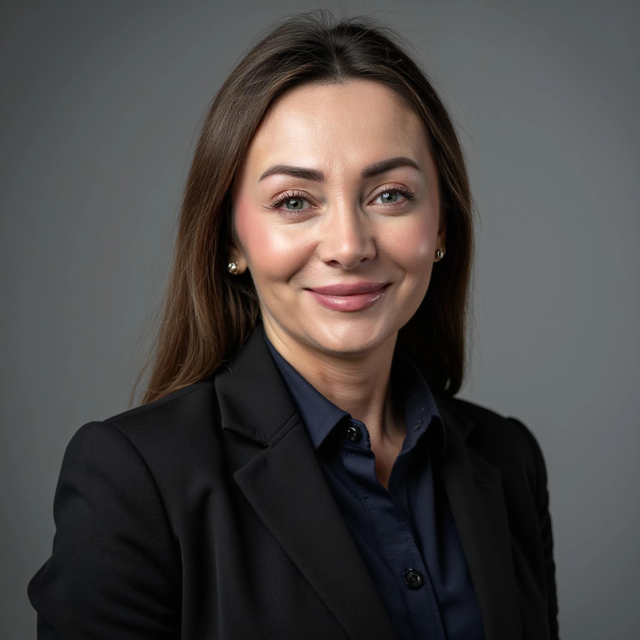 Professional headshot example: Woman Studio Black Blazer Smiling 32 — LinkedInHeadshots.ai