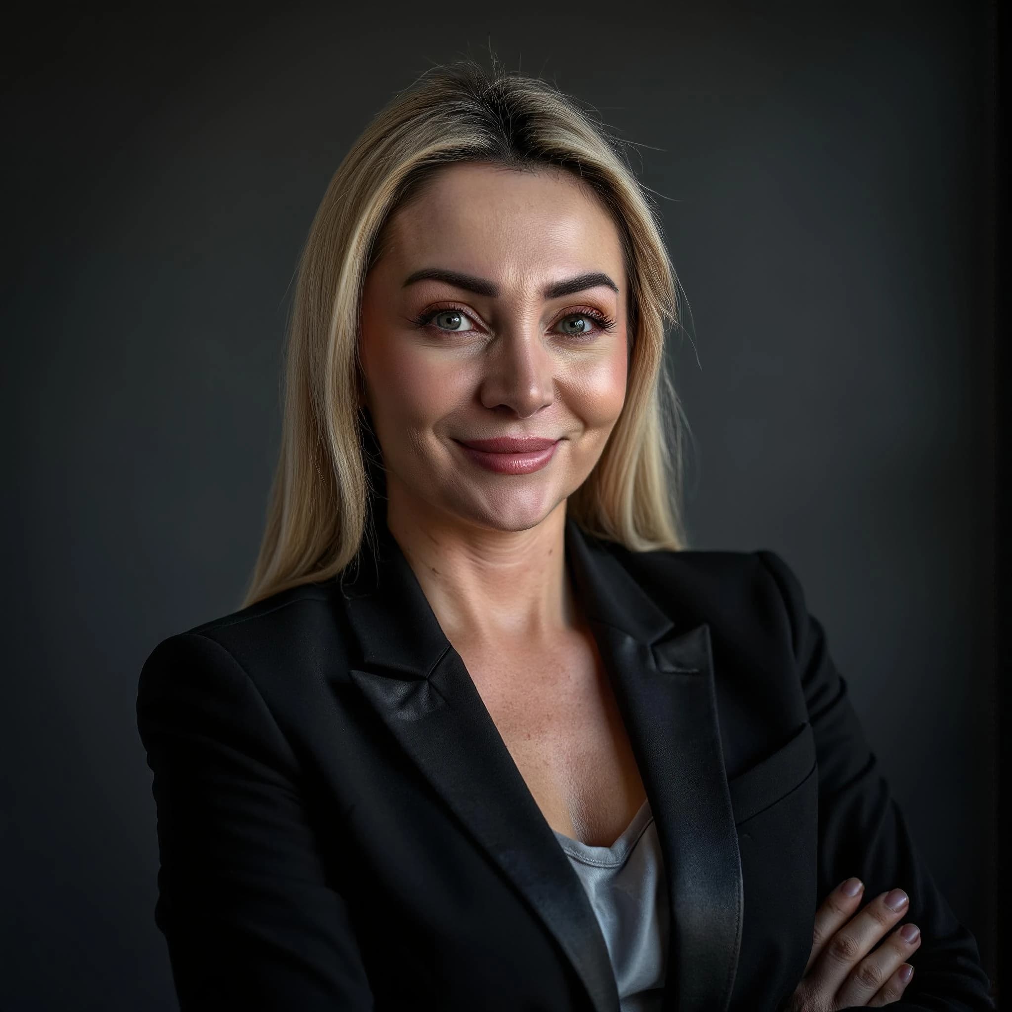 Professional headshot example: Woman Studio Black Blazer Smiling 34 — LinkedInHeadshots.ai