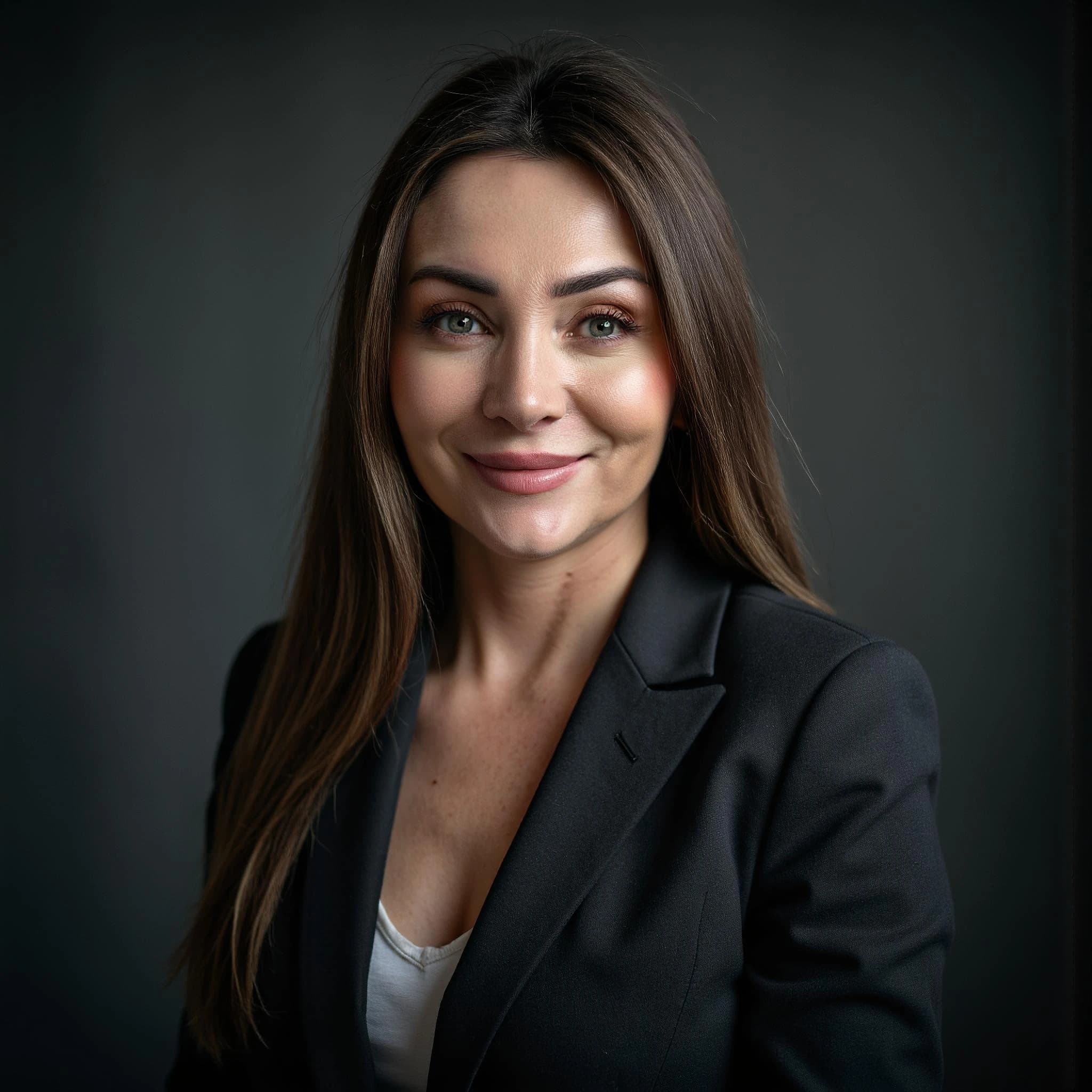 Professional headshot example: Woman Studio Black Blazer Smiling 35 — LinkedInHeadshots.ai