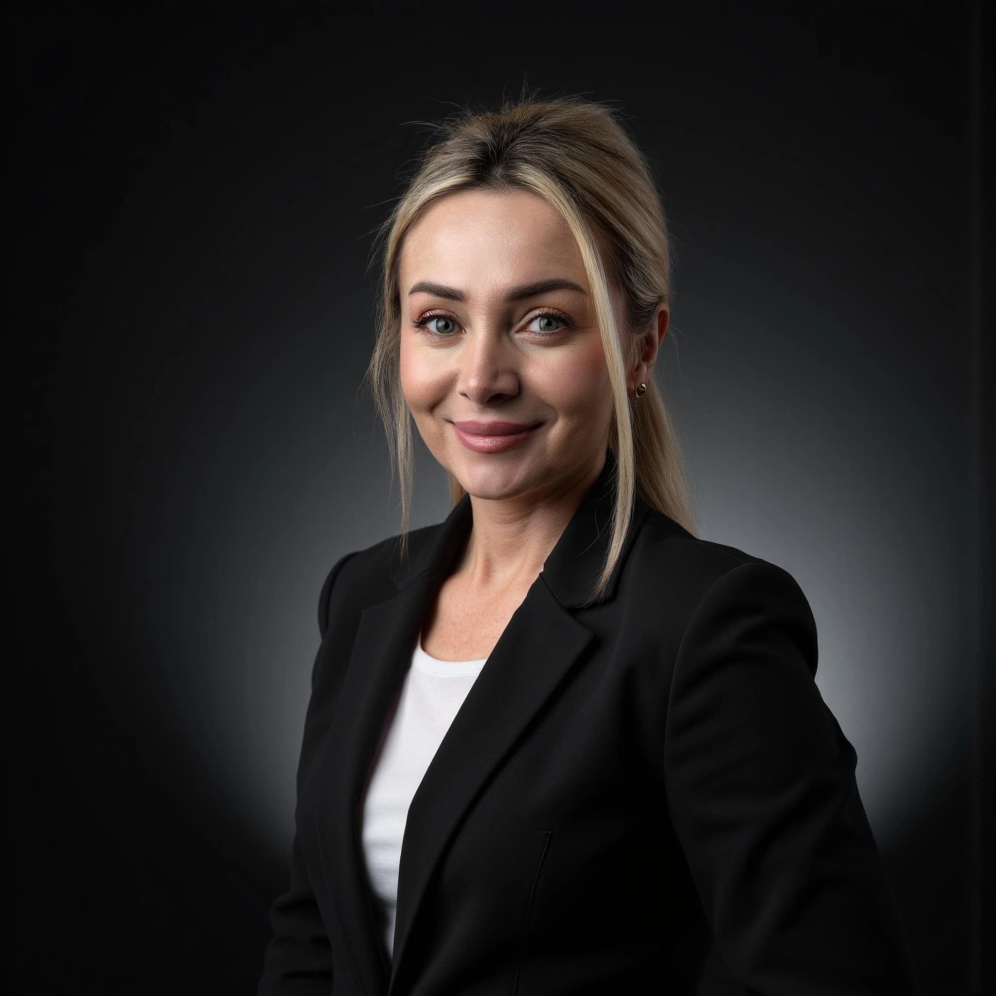 Professional headshot example: Woman Studio Black Blazer Smiling 37 — LinkedInHeadshots.ai