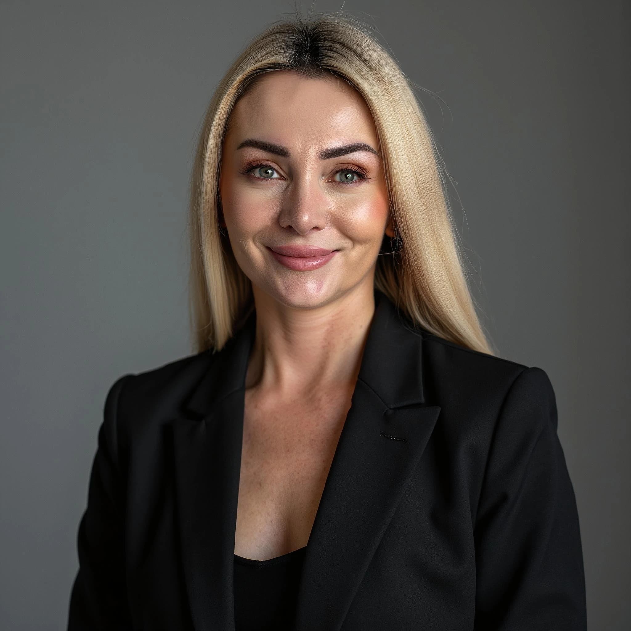 Professional headshot example: Woman Studio Black Blazer Smiling 7 — LinkedInHeadshots.ai