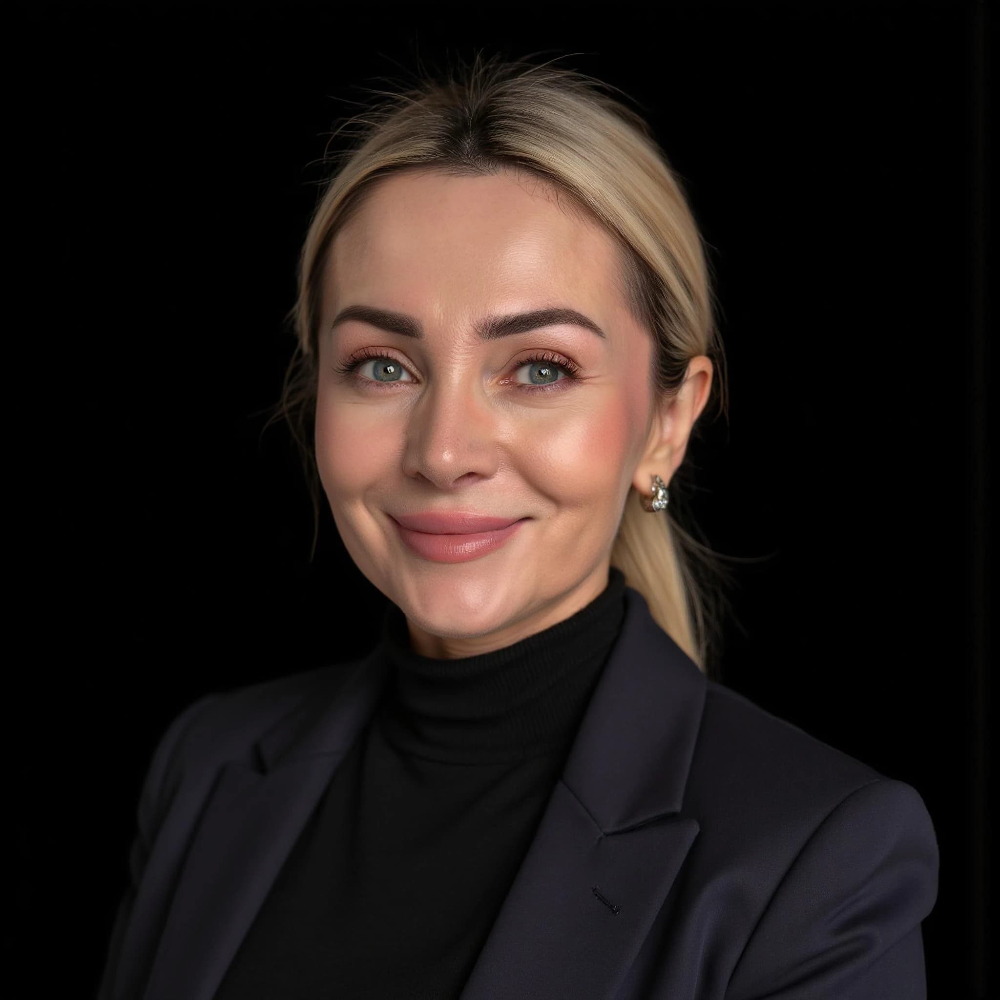 Professional headshot example: Woman Studio Black Blazer Smiling 9 — LinkedInHeadshots.ai