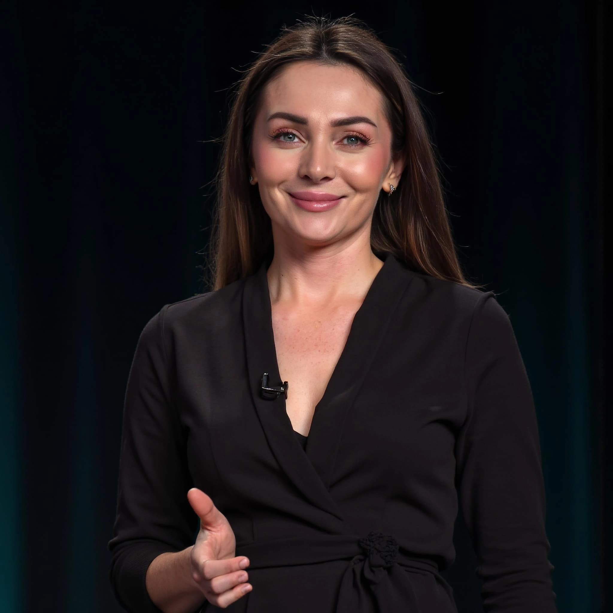 Professional headshot example: Woman Studio Black Dress Smiling 2 — LinkedInHeadshots.ai