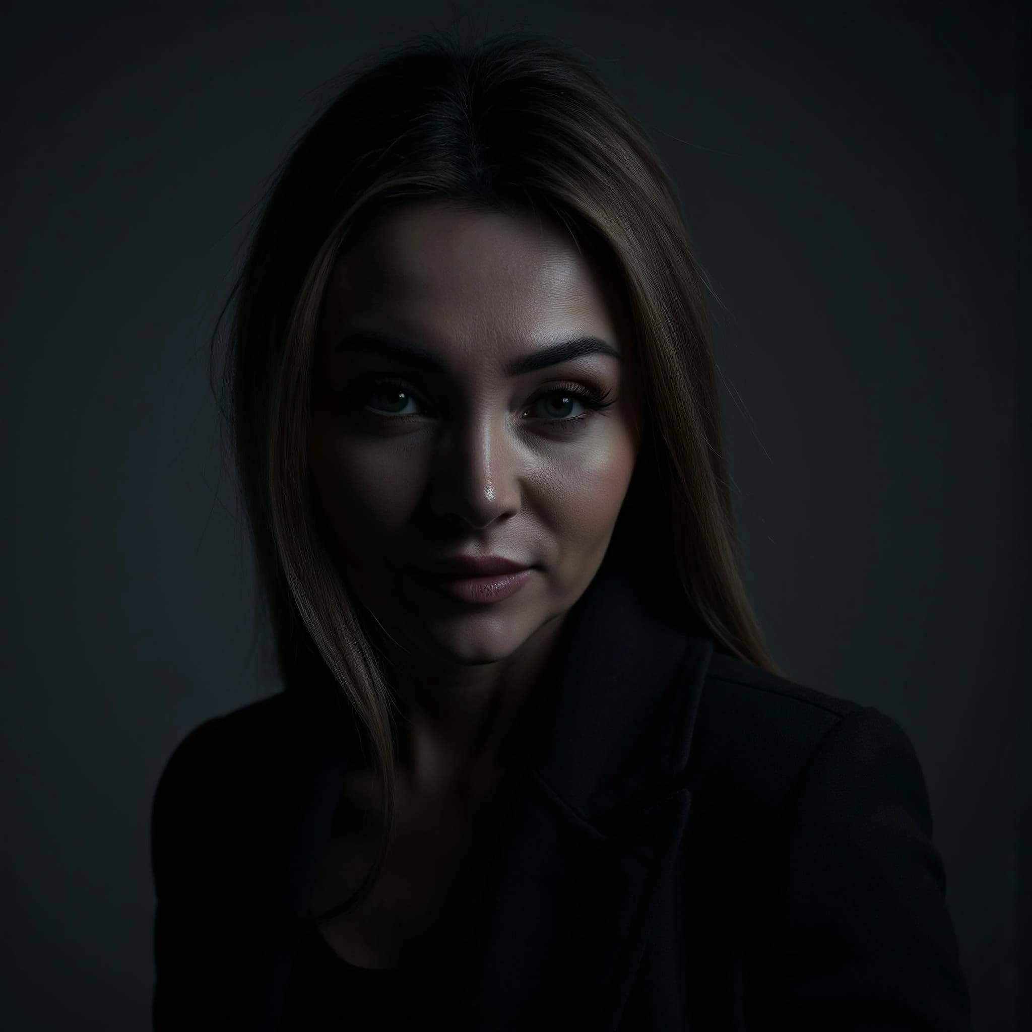 Professional headshot example: Woman Studio Black Jacket Portrait — LinkedInHeadshots.ai