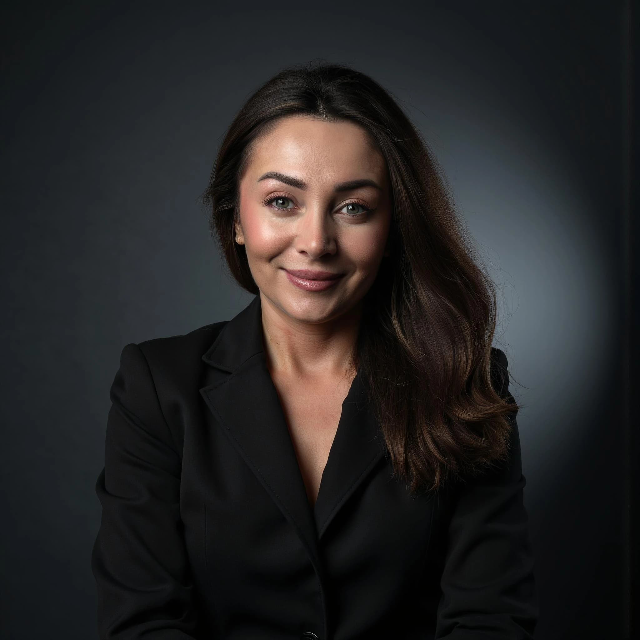 Professional headshot example: Woman Studio Black Jacket Smiling 4 — LinkedInHeadshots.ai
