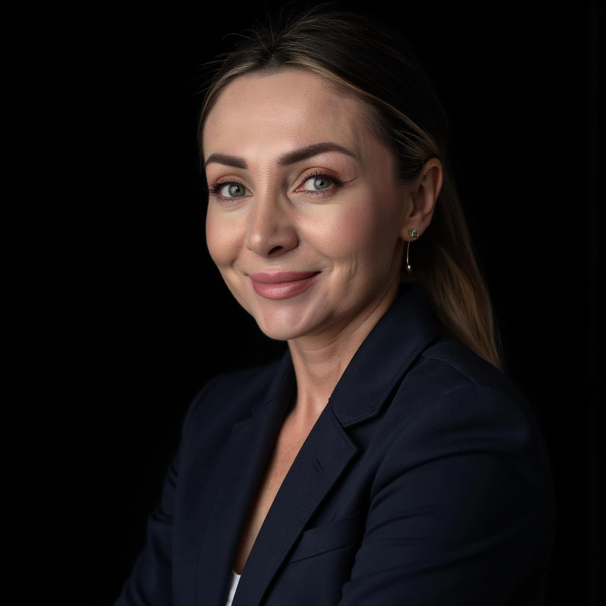 Professional headshot example: Woman Studio Black Jacket Smiling 5 — LinkedInHeadshots.ai