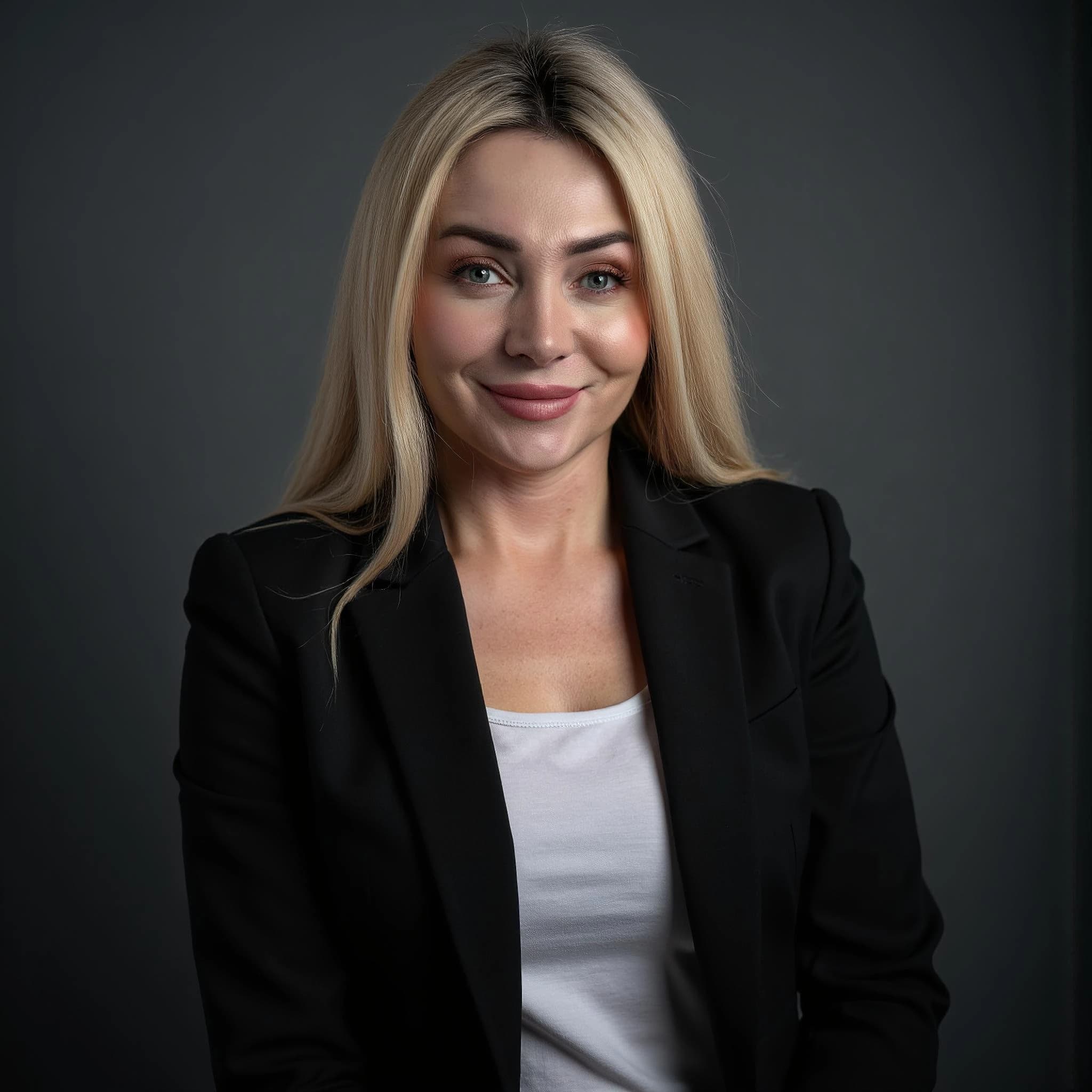 Professional headshot example: Woman Studio Black Jacket Smiling 6 — LinkedInHeadshots.ai