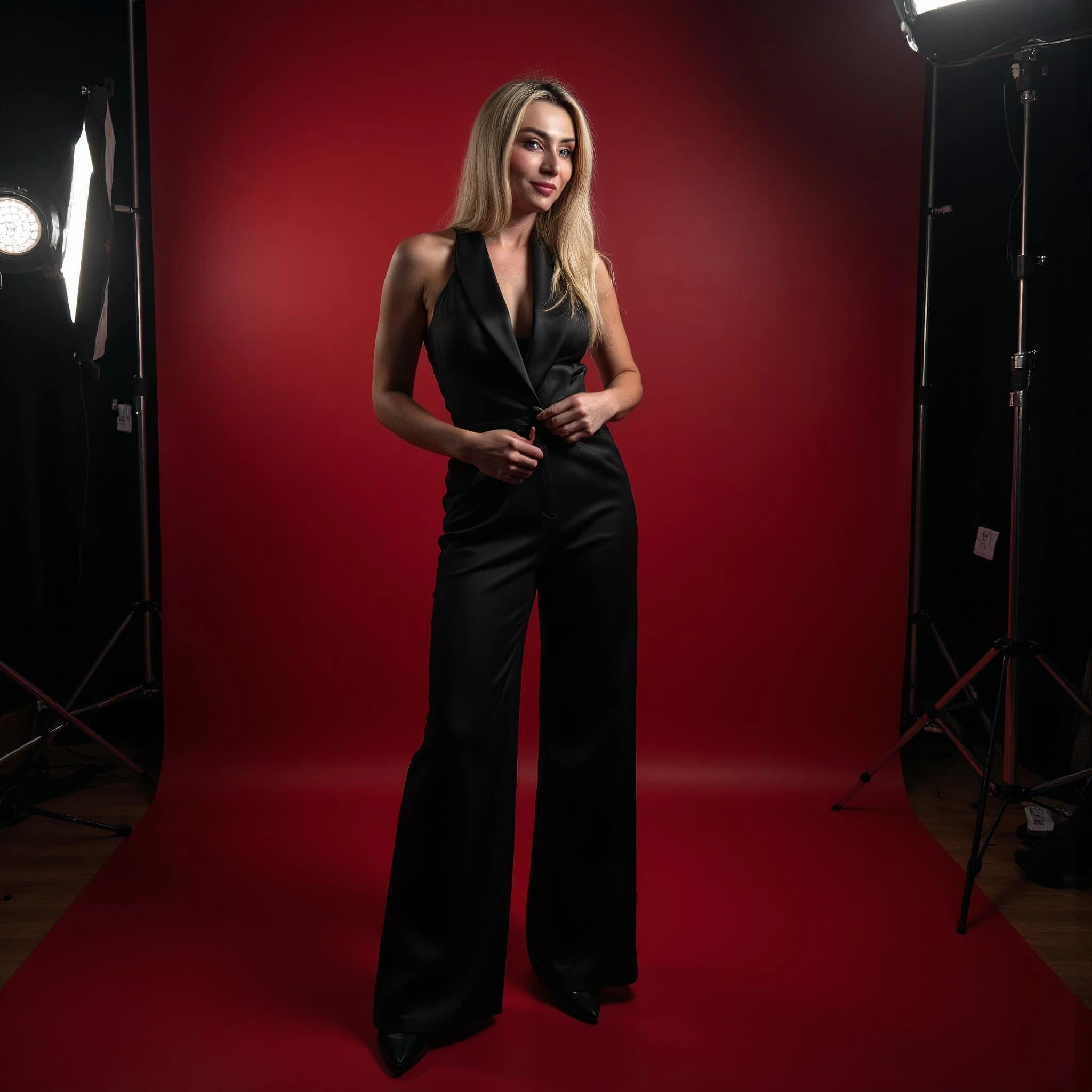 Professional headshot example: Woman Studio Black Jumpsuit Standing — LinkedInHeadshots.ai