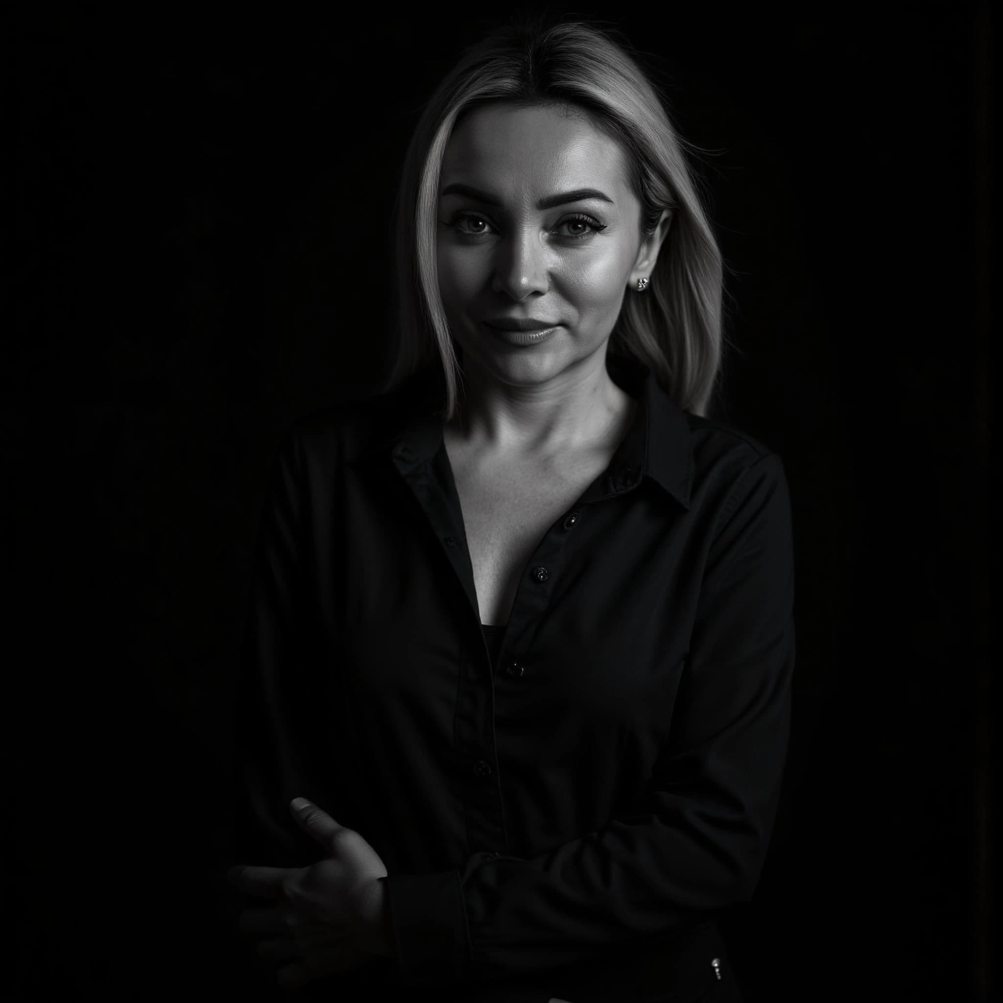 Professional headshot example: Woman Studio Black Shirt Portrait — LinkedInHeadshots.ai