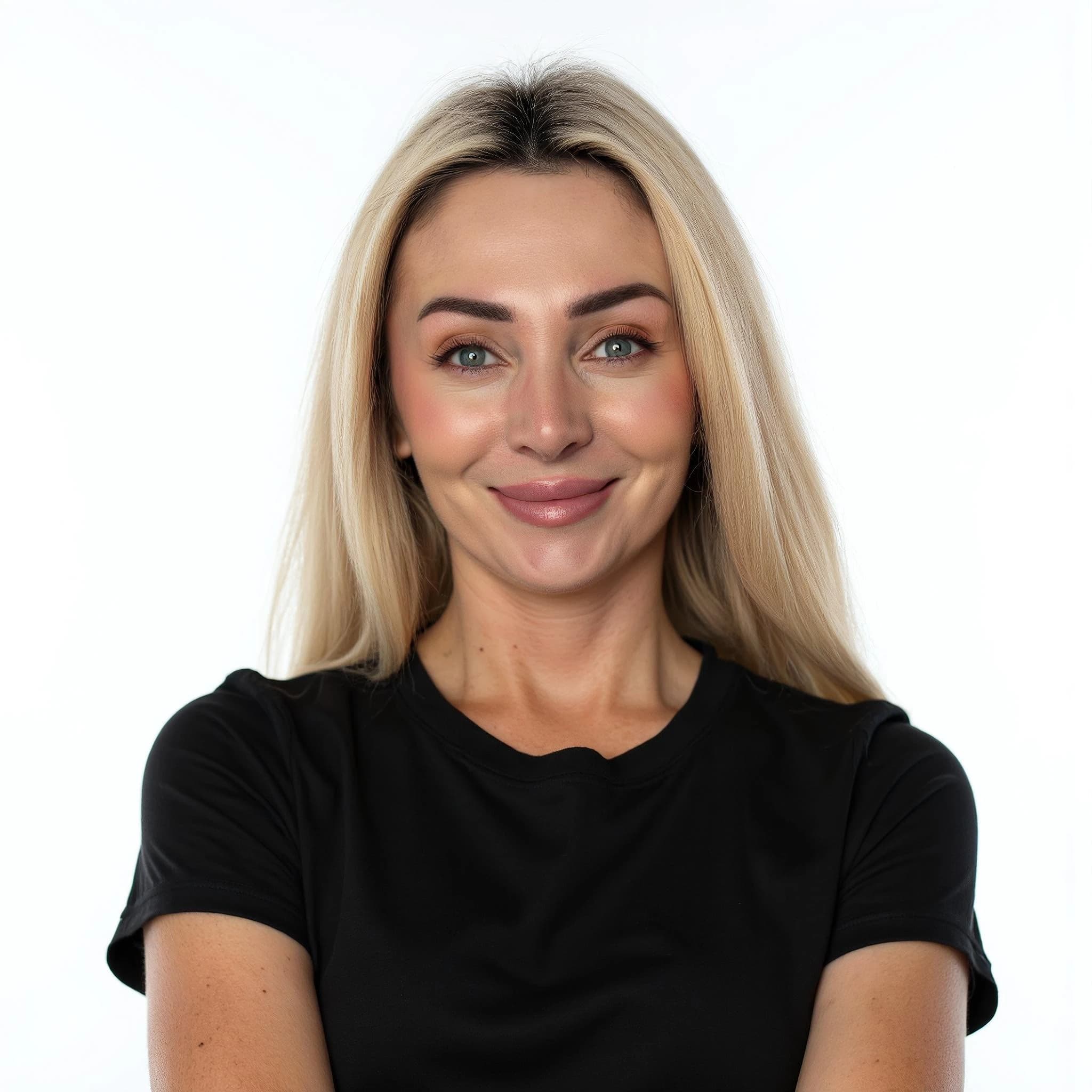 Professional headshot example: Woman Studio Black Shirt Smiling 10 — LinkedInHeadshots.ai