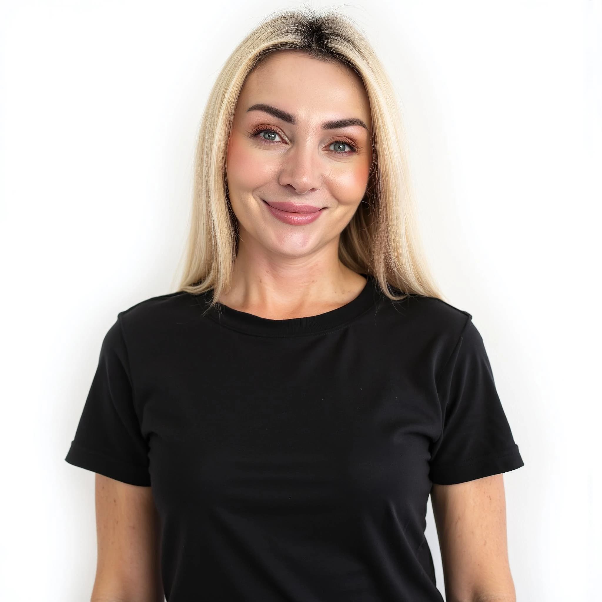 Professional headshot example: Woman Studio Black Shirt Smiling 11 — LinkedInHeadshots.ai