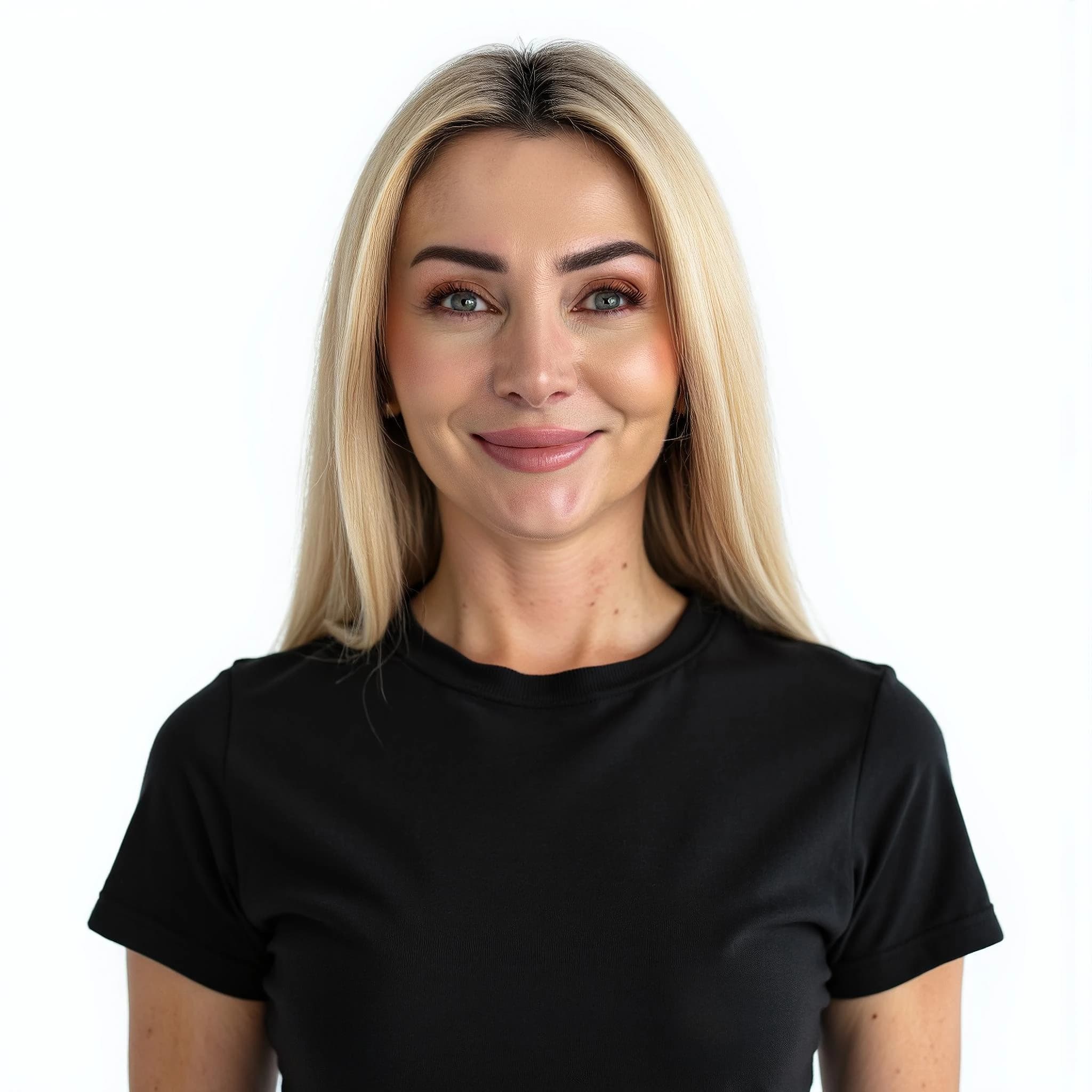 Professional headshot example: Woman Studio Black Shirt Smiling 6 — LinkedInHeadshots.ai