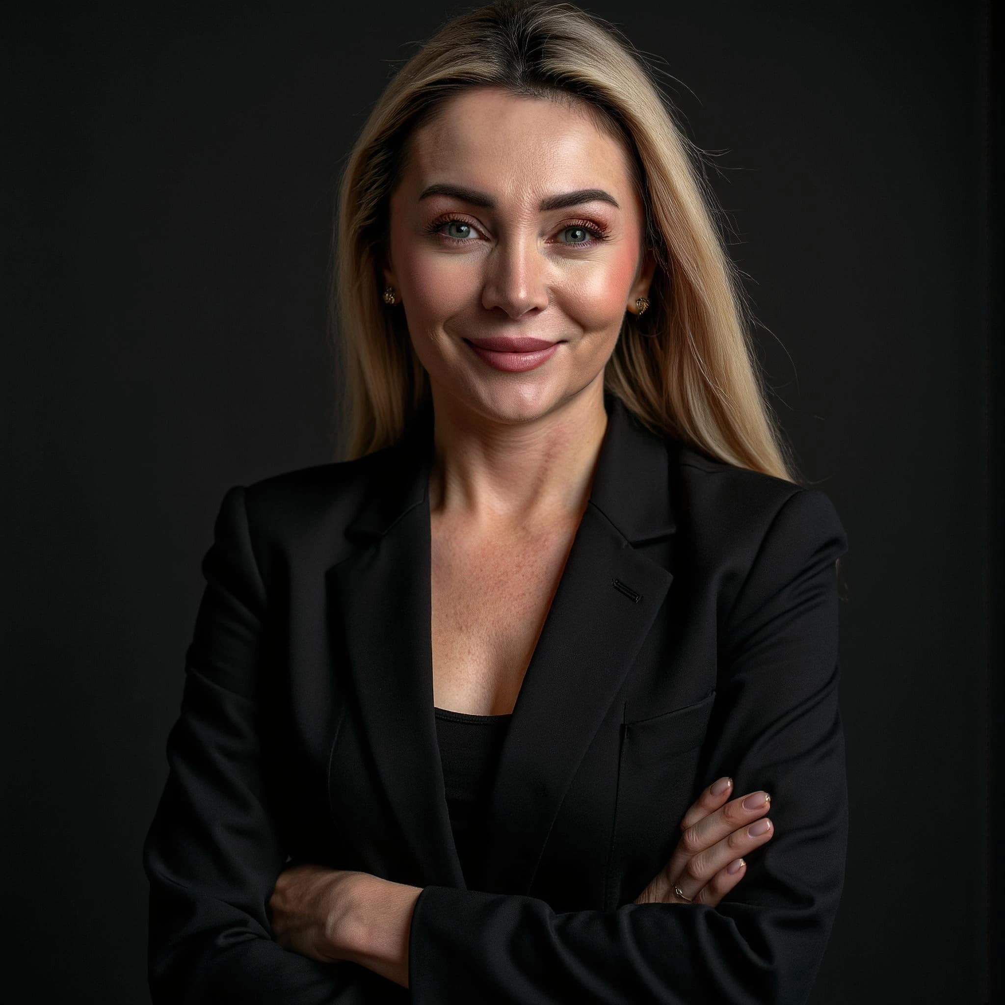 Professional headshot example: Woman Studio Black Suit Crossed Arms 3 — LinkedInHeadshots.ai